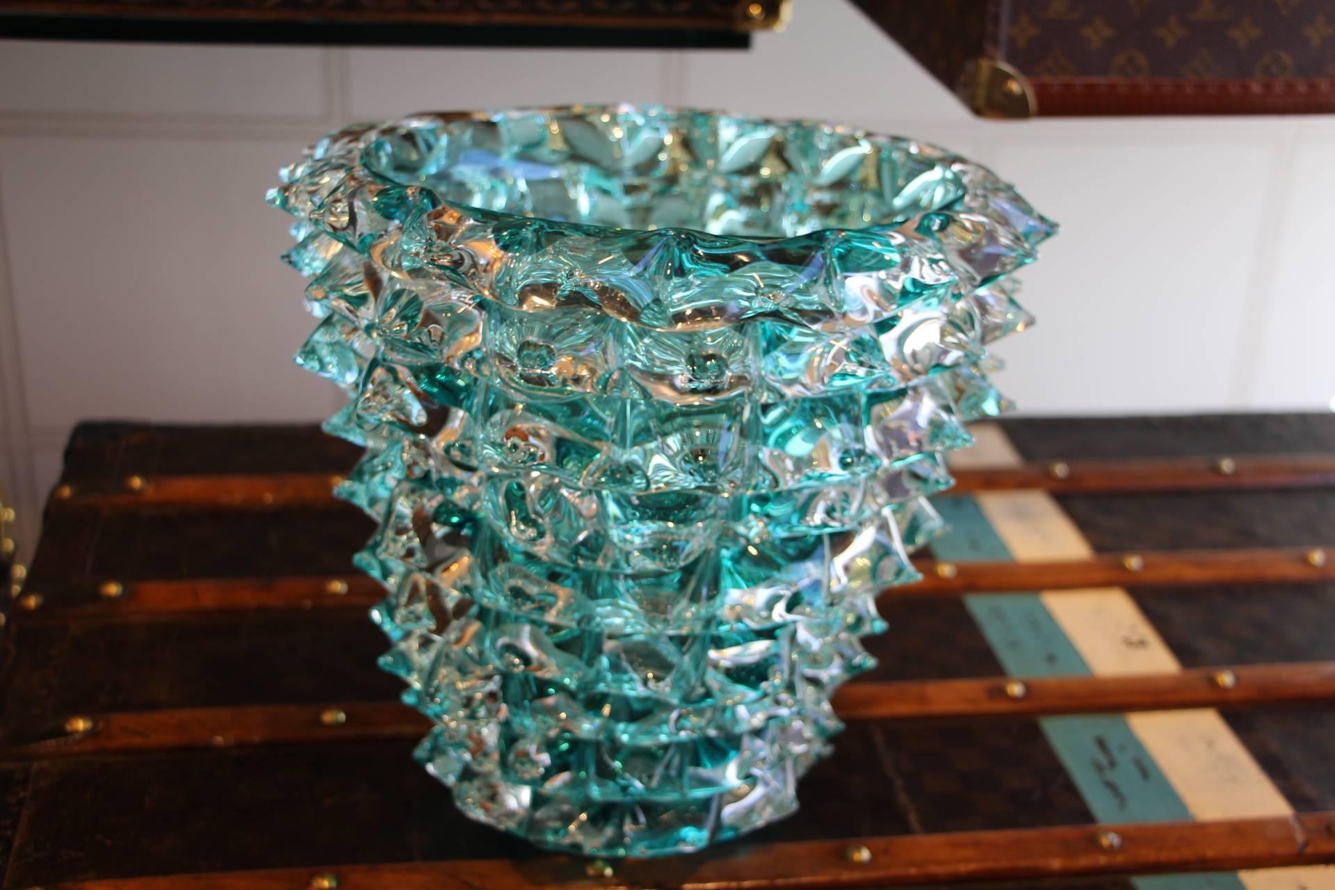 Late 20th Century Turquoise Blue Vase in Murano Glass with Spikes Decor, Barovier Style, Rostrato