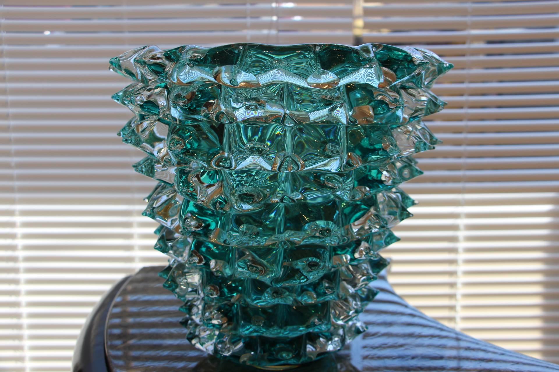 Turquoise Blue Vase in Murano Glass with Spikes Decor, Barovier Style, Rostrato 3