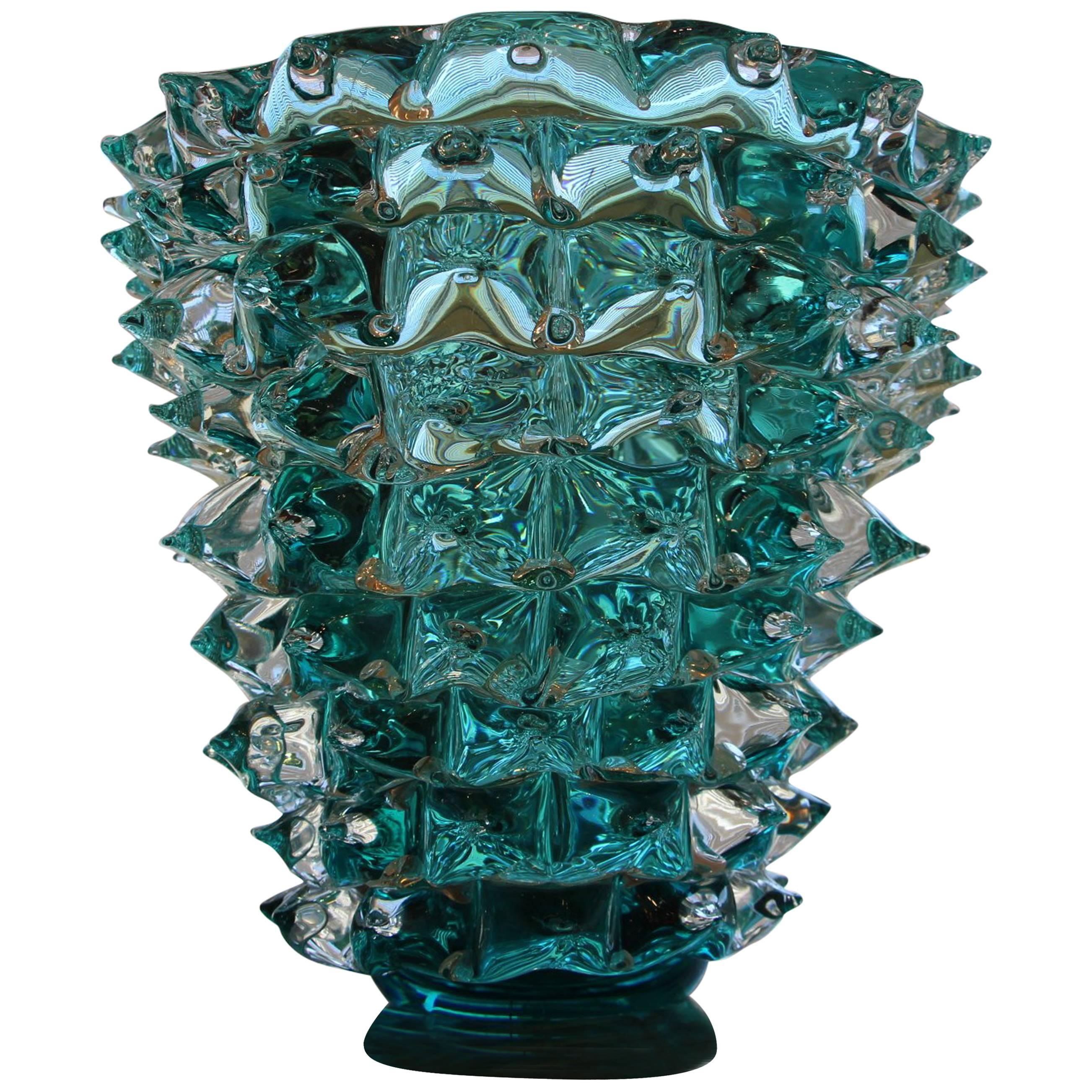 Turquoise Blue Vase in Murano Glass with Spikes Decor, Barovier Style, Rostrato