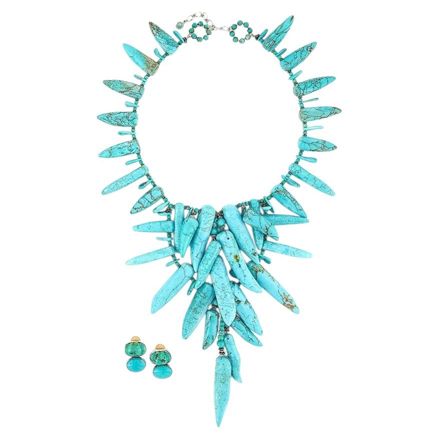 Turquoise Boho Multi-Layered Statement Necklace and Earring Set For Sale