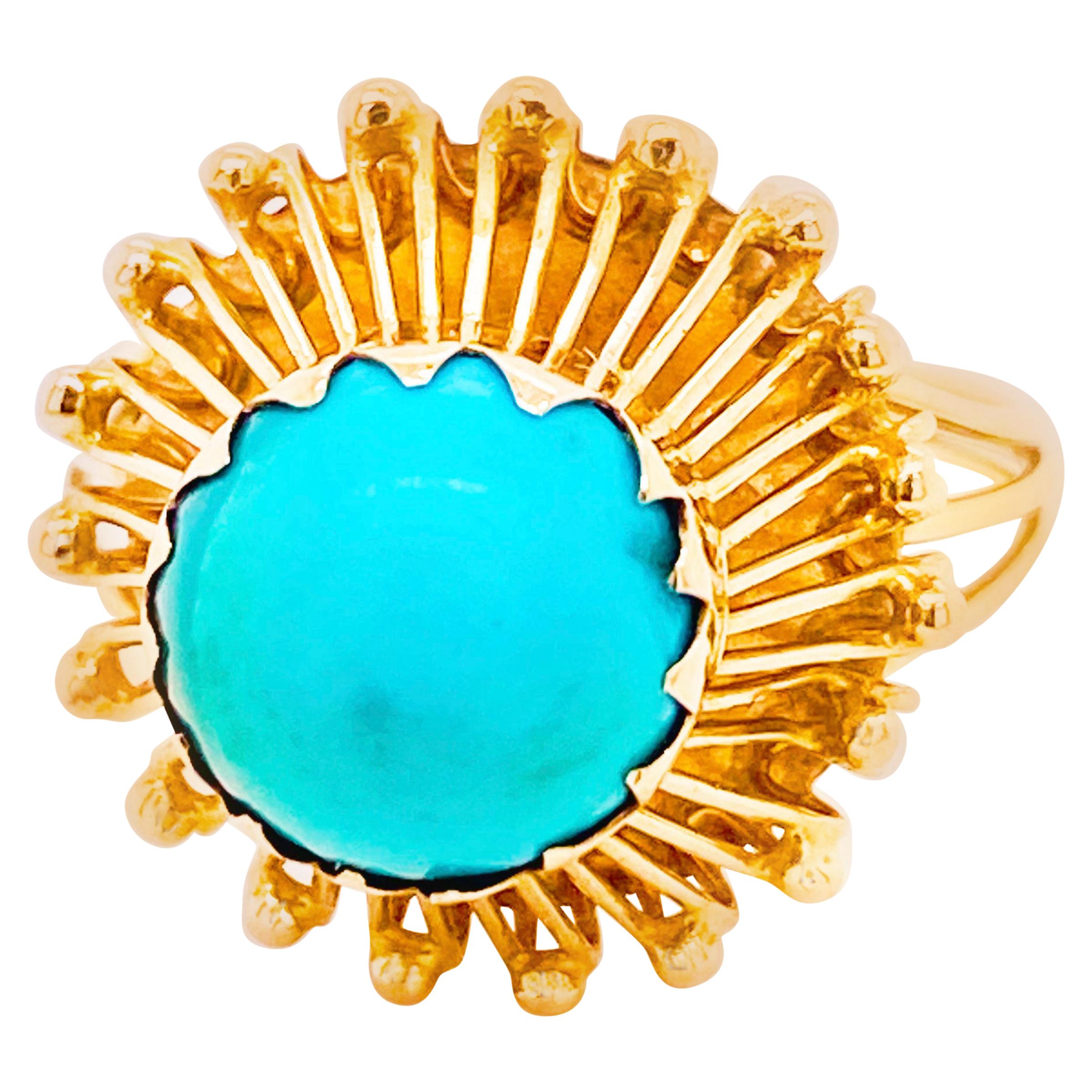 Türkisfarbener Bombe-Ring, 1950 14 Karat Gold, Grüner, blauer Türkis Statement-Ring im Angebot