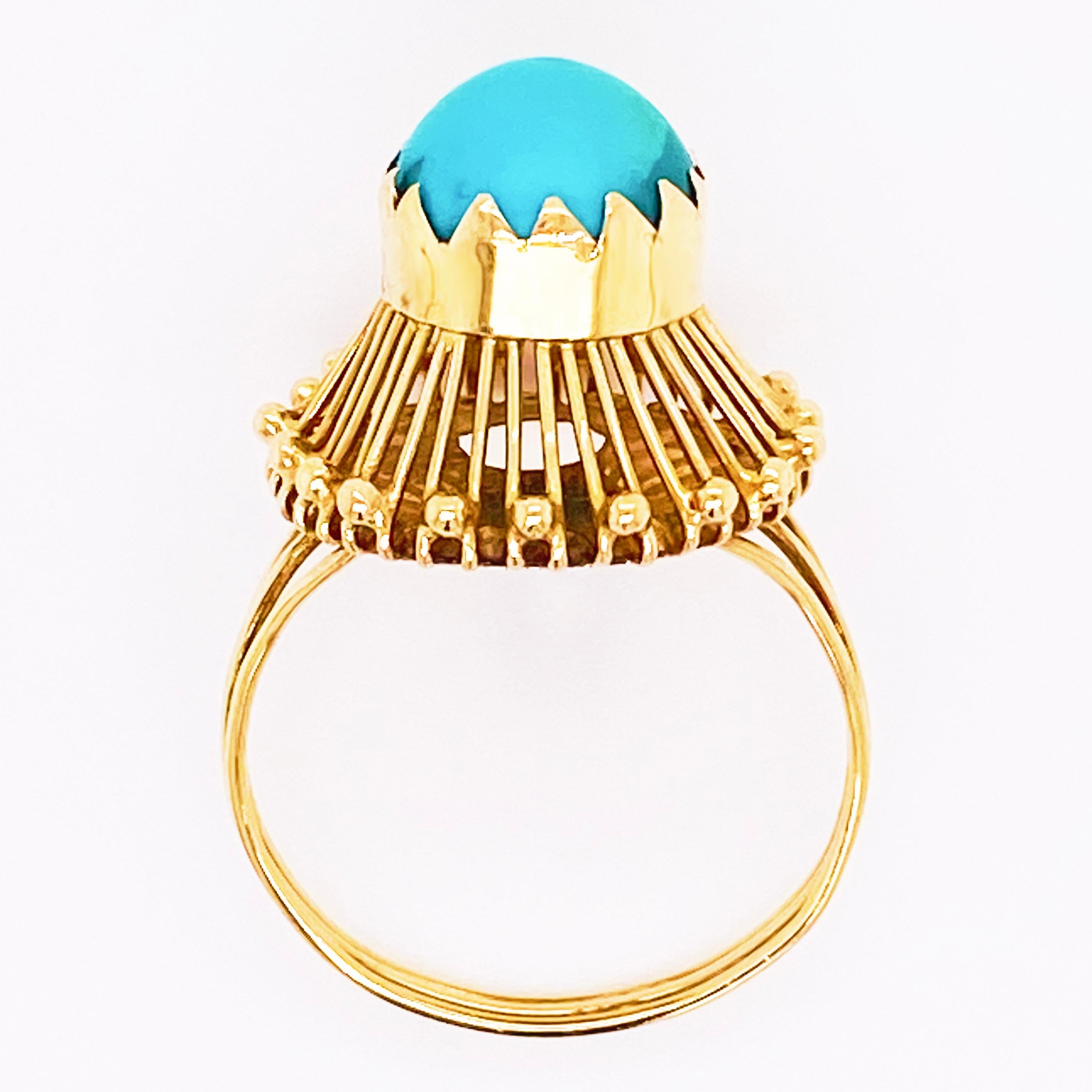 Artisan Turquoise Bombe Ring, 1950 14 Karat Gold, Green, Blue Turquoise Statement Ring For Sale