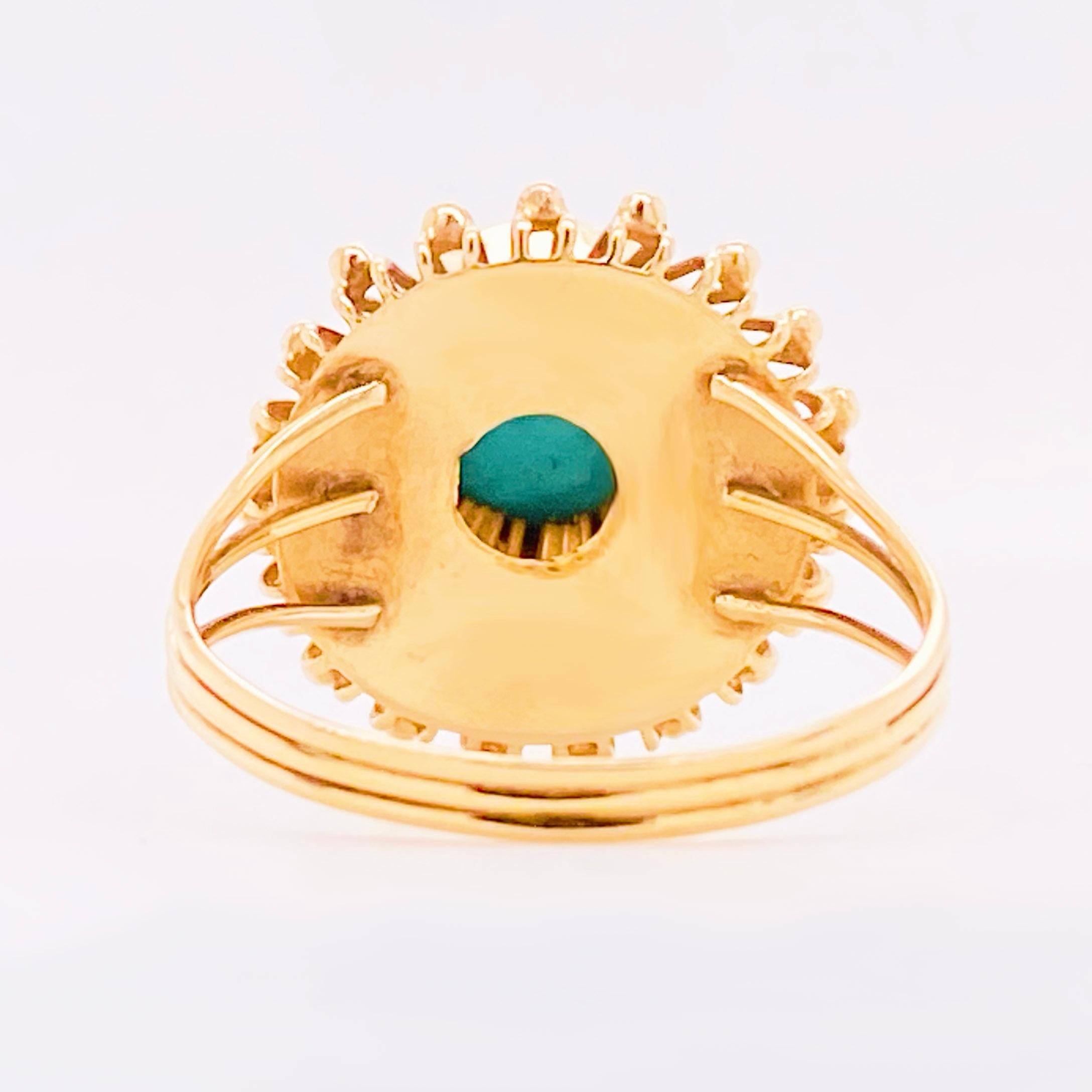 Cabochon Turquoise Bombe Ring, 1950 14 Karat Gold, Green, Blue Turquoise Statement Ring For Sale