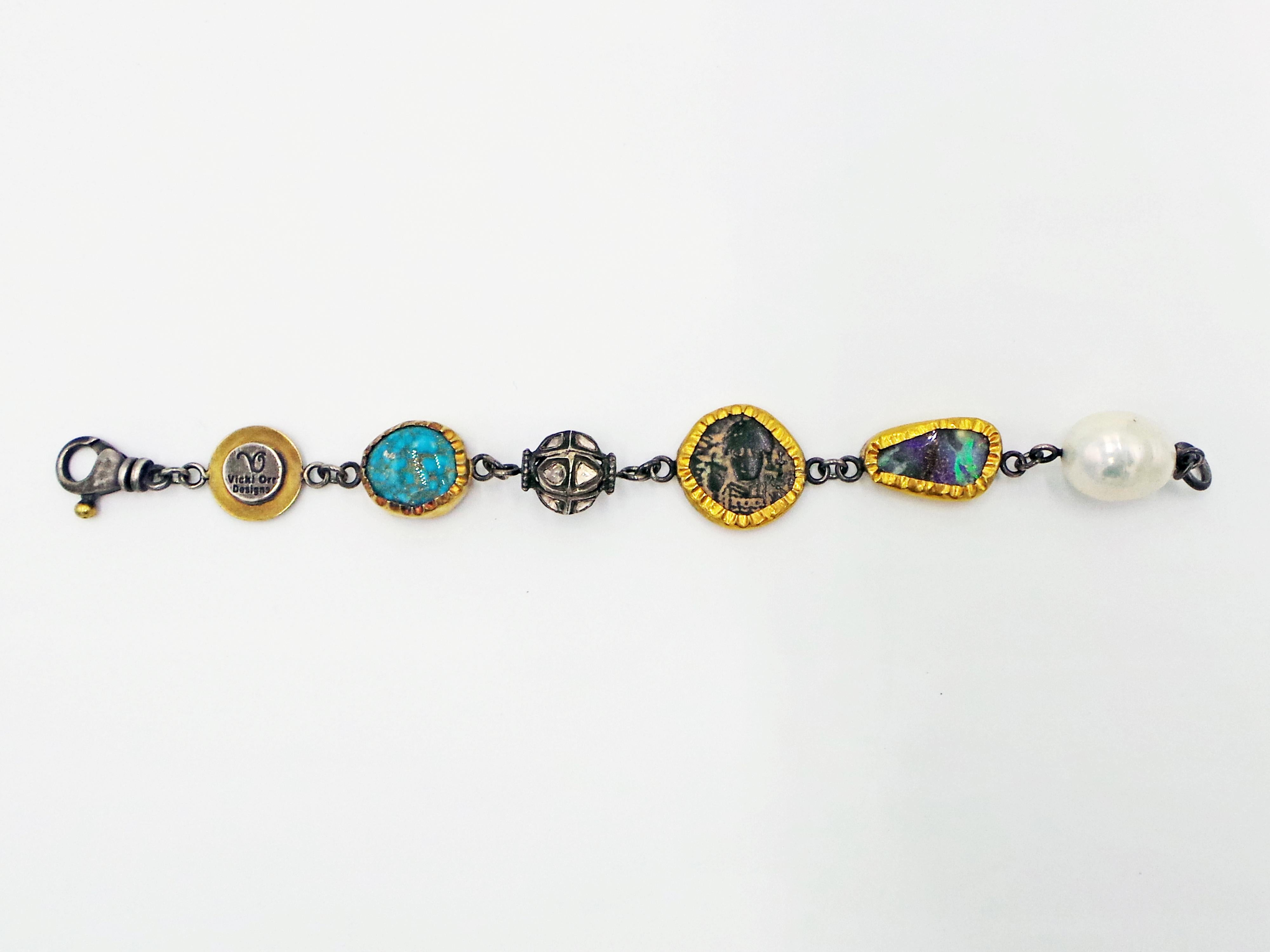 Bohemian style bracelet links Australian Boulder Opal, Turquoise Mountain Turquoise (closed mine in Arizona, USA), authentic ancient Byzantine coin (Maurice Tiberius, 1/2 Follis, 582-602 A.D.), pearl and rose cut diamond bead.  Three of the pieces