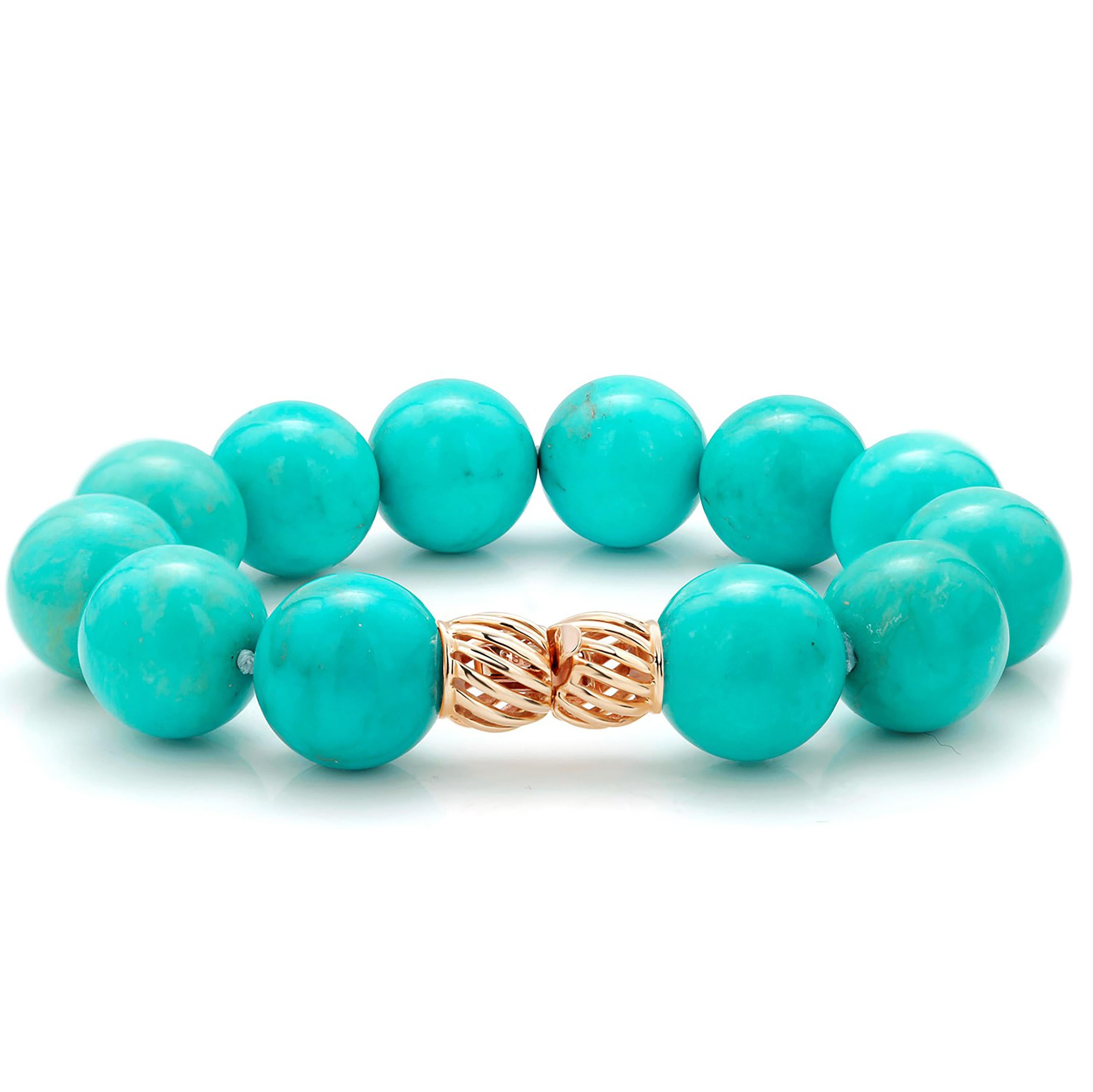 Contemporary Turquoise 14 Millimeter Bead Bracelet Yellow Gold Clasp 