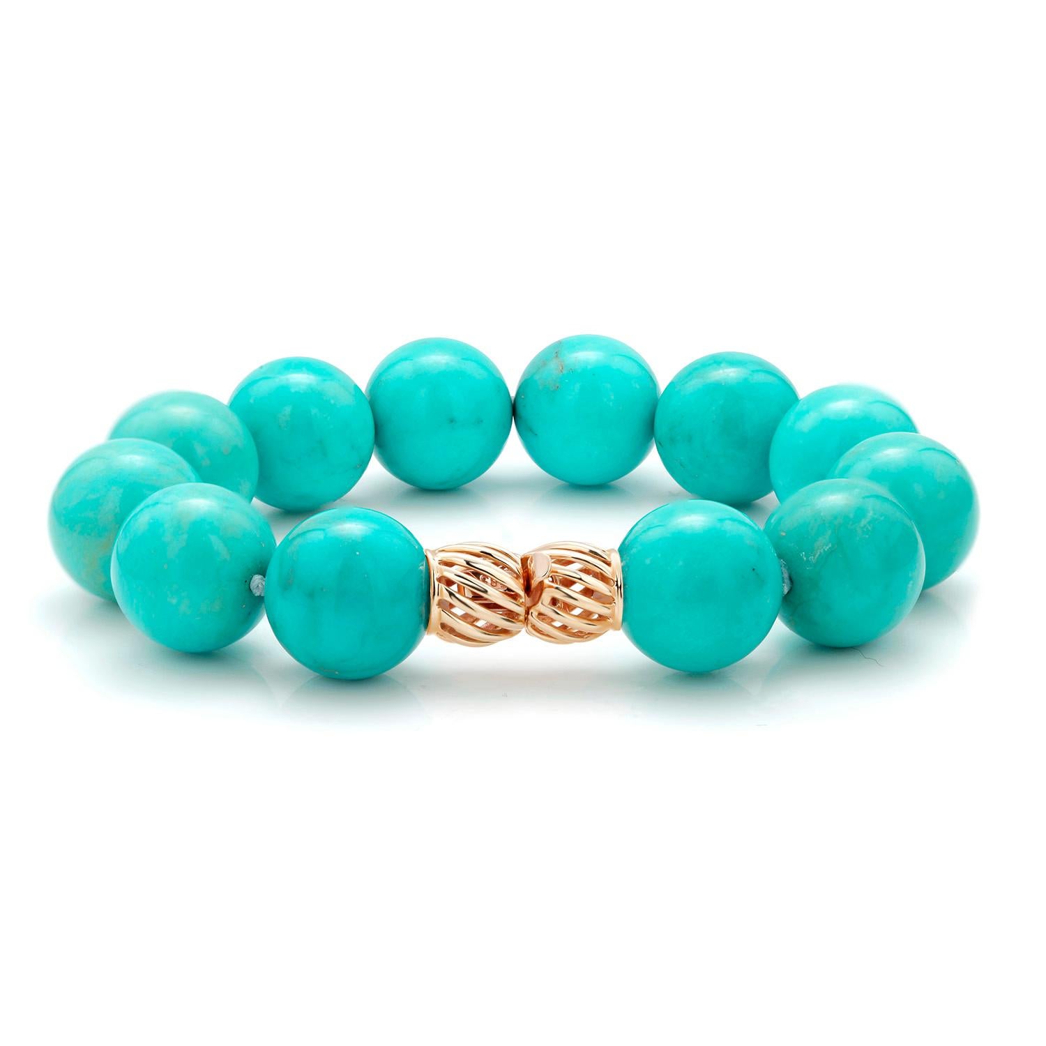Turquoise 14 Millimeter Bead Bracelet Yellow Gold Clasp  In New Condition In New York, NY