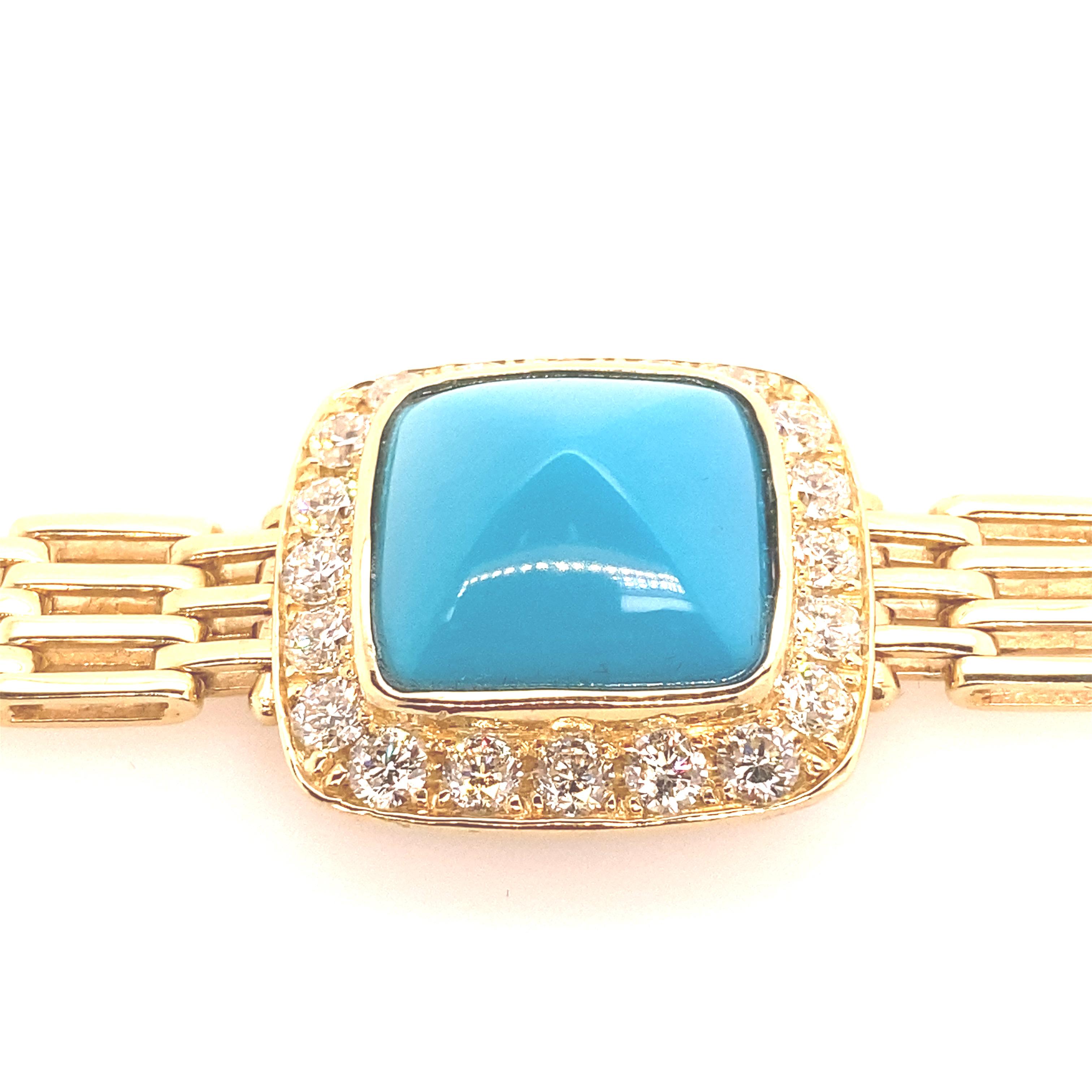 Sleeping Beauty Turquoise bracelet in gold and diamonds

This unique gold linked bracelet, gives a classical elegant look for turquoise lovers. The center Turquoise is cut into a sugarloaf cabochon, and bezeled with 3.72 carats of large round