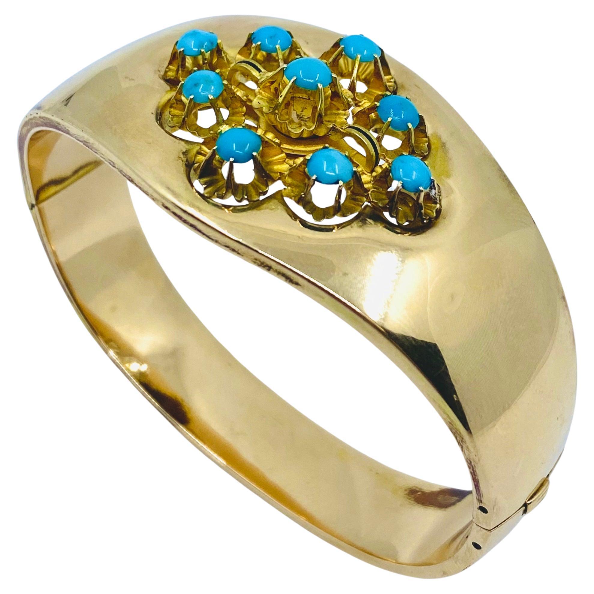 Turquoise Bracelet Vintage French Jewelry 18k Gold For Sale 5