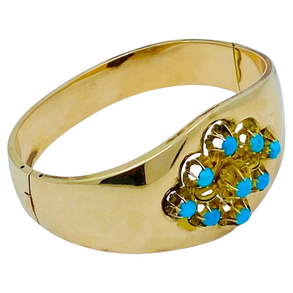 Turquoise Bracelet Vintage French Jewelry 18k Gold For Sale 2