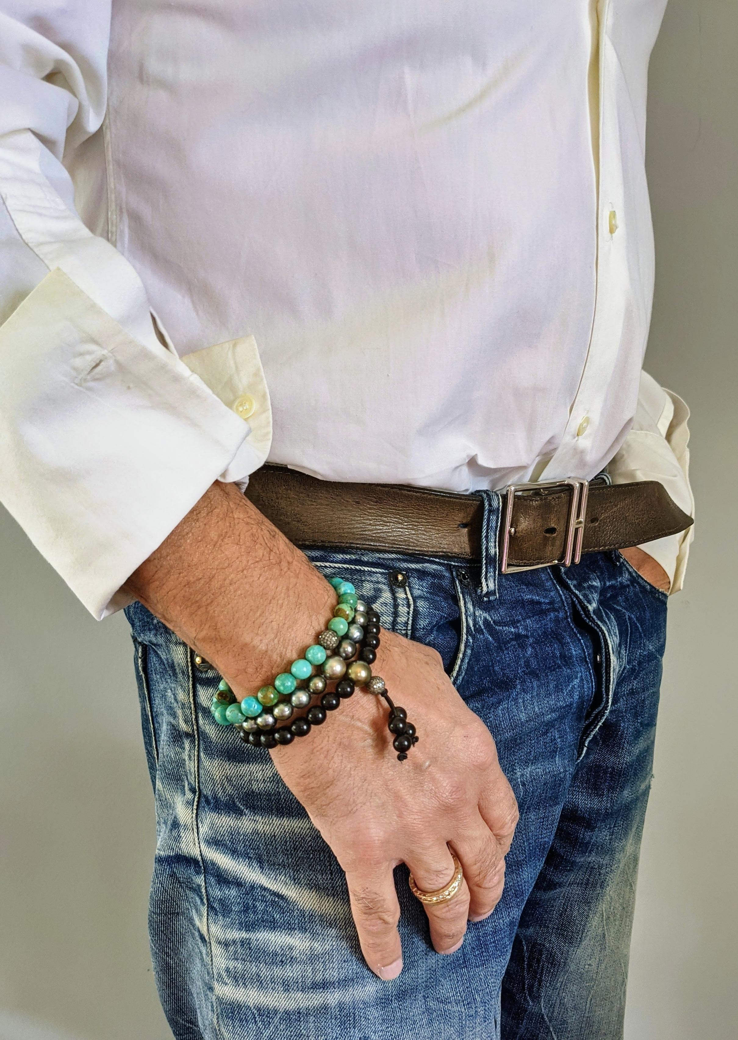 Türkis-Armband mit schwarz rhodiumfarbener, mit Diamanten besetzter Perle für Männer im Zustand „Neu“ im Angebot in Boostedt, SH