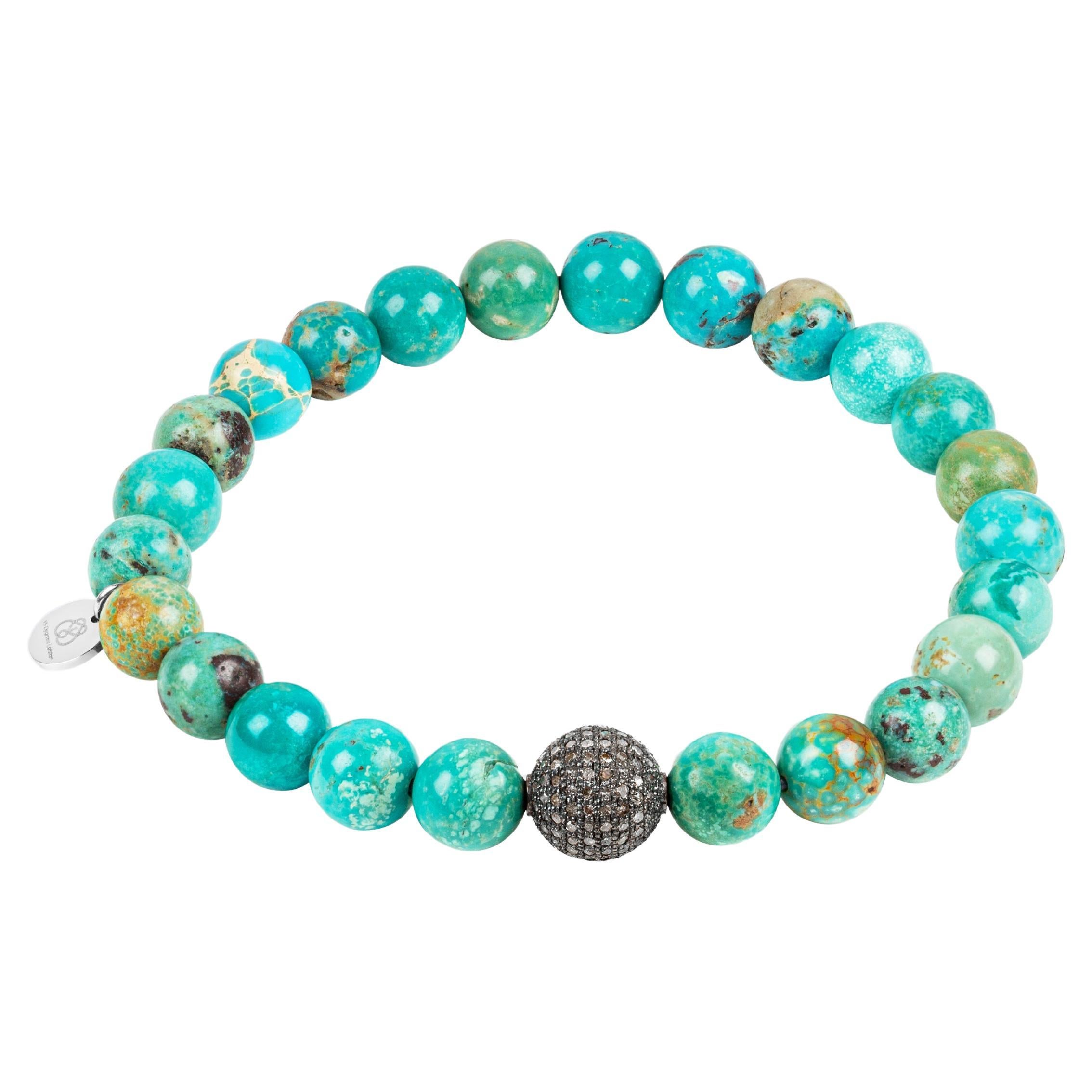 Bracelet turquoise avec perle incrustée de diamants noirs rhodiés pour hommes en vente