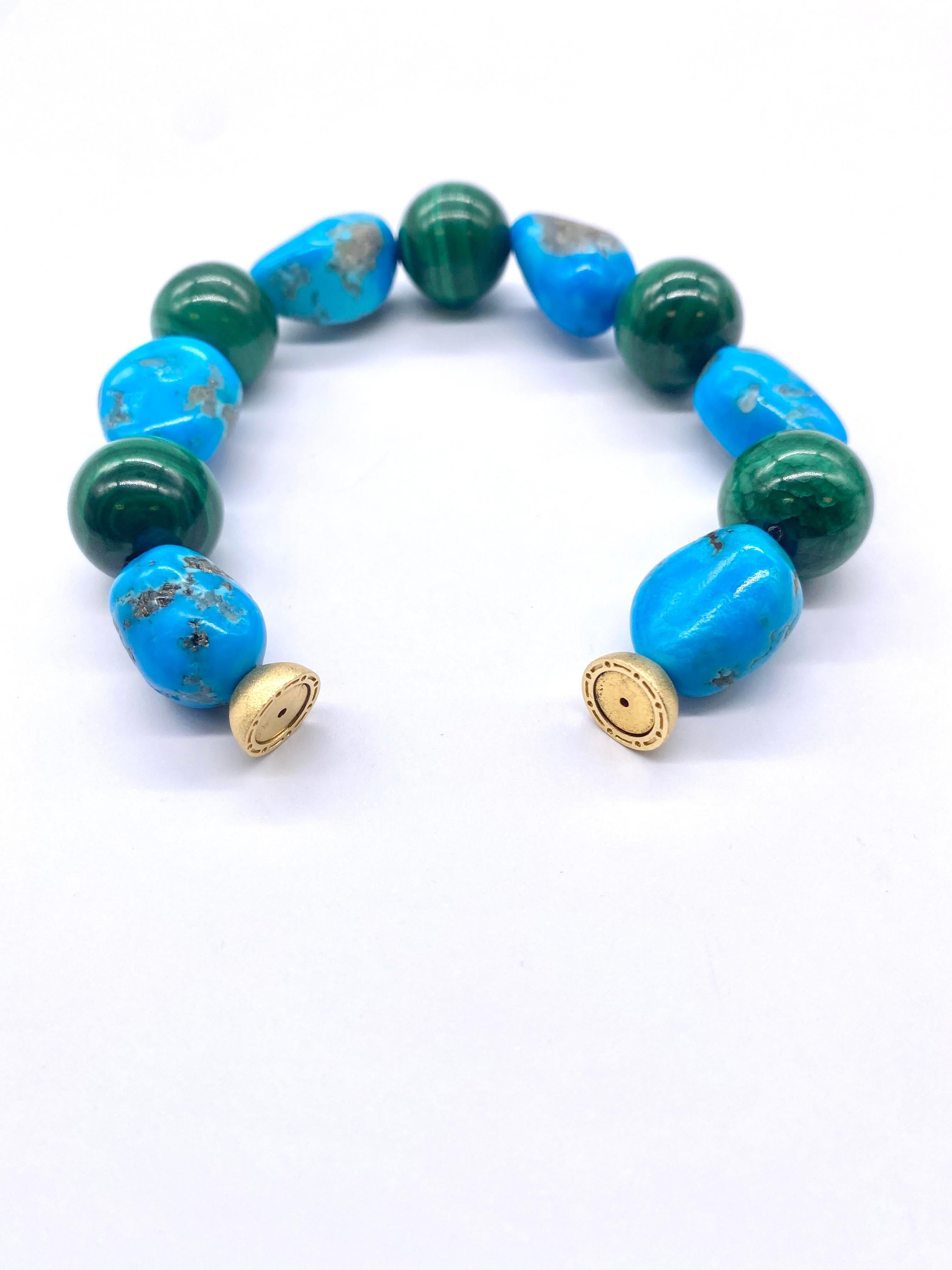 Women's or Men's Turquoise Bracelet with Malachite and Yellow Satin Silver For Sale