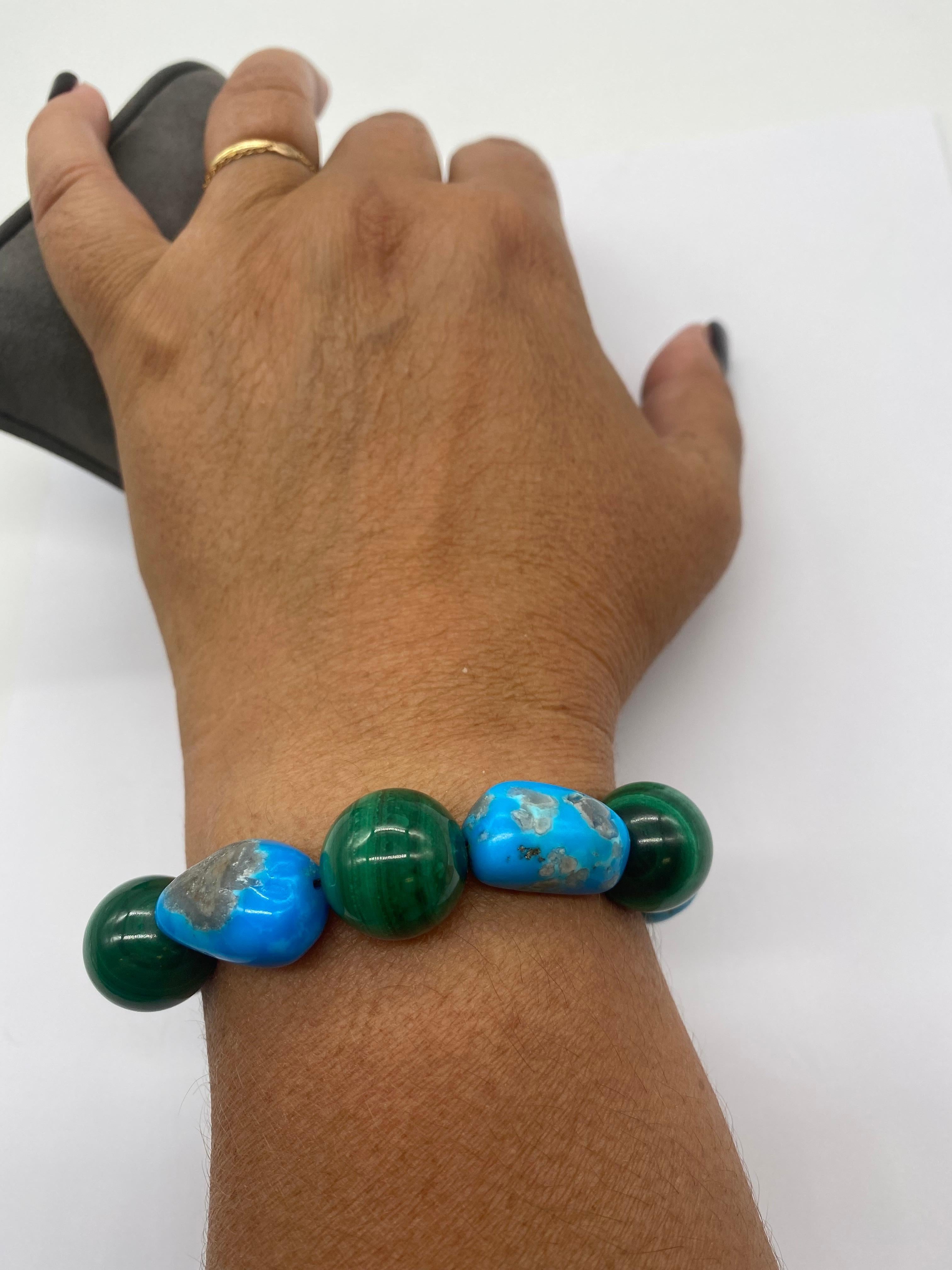 Turquoise Bracelet with Malachite and Yellow Satin Silver For Sale 1