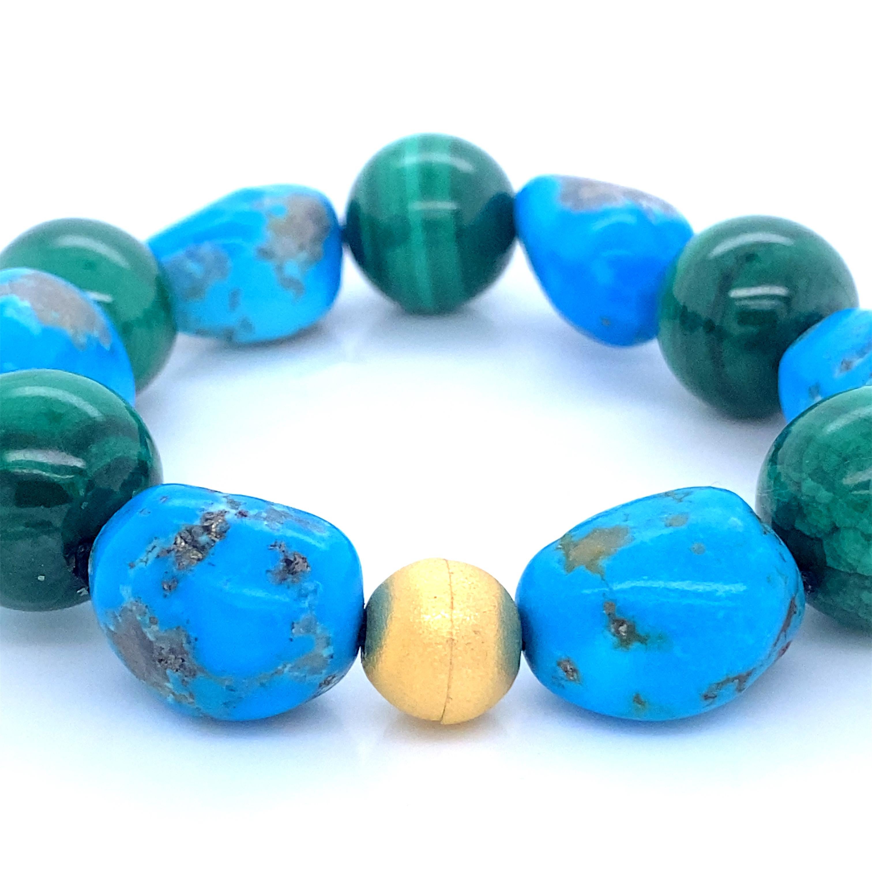 Turquoise Bracelet with Malachite and Yellow Satin Silver For Sale 3
