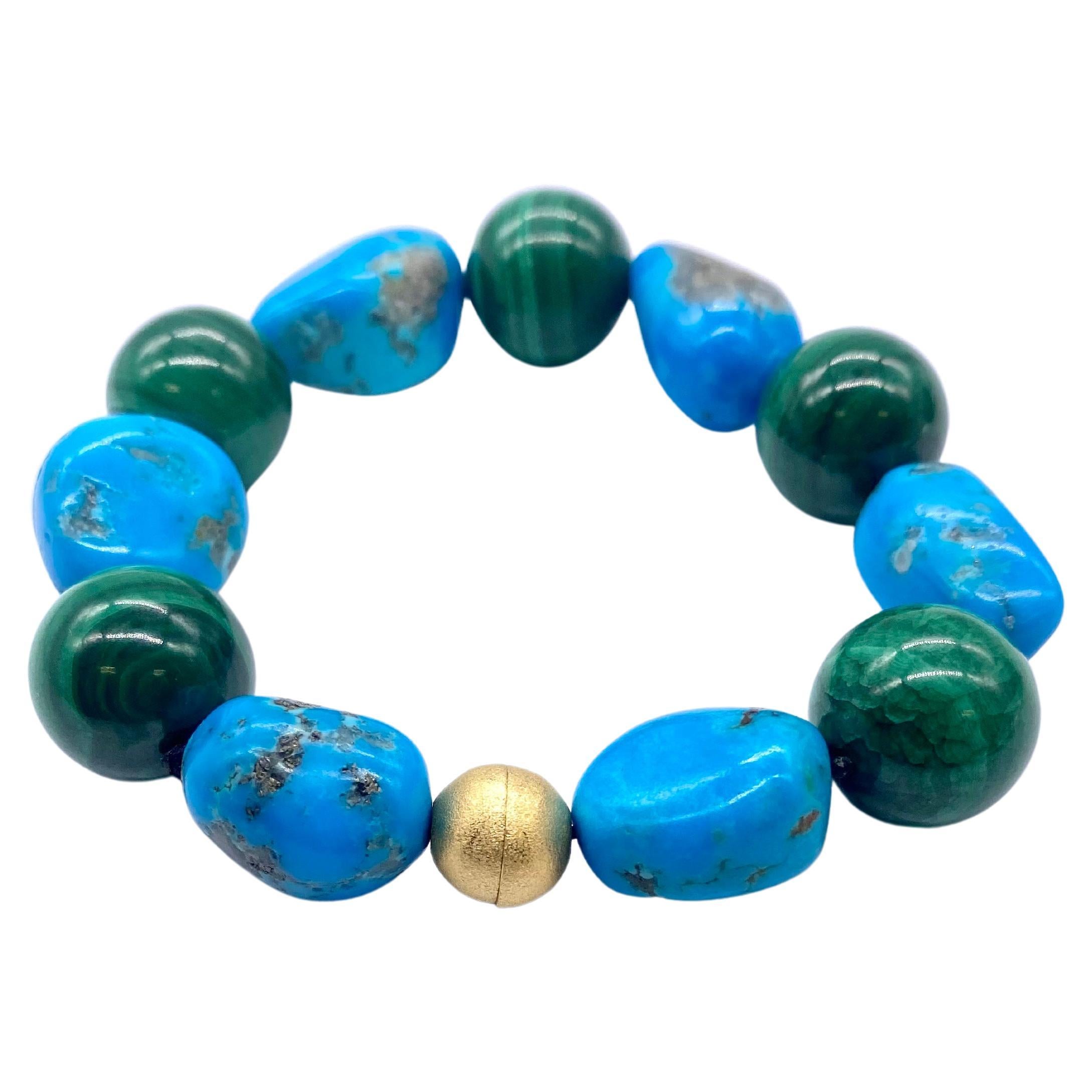 Turquoise Bracelet with Malachite and Yellow Satin Silver For Sale