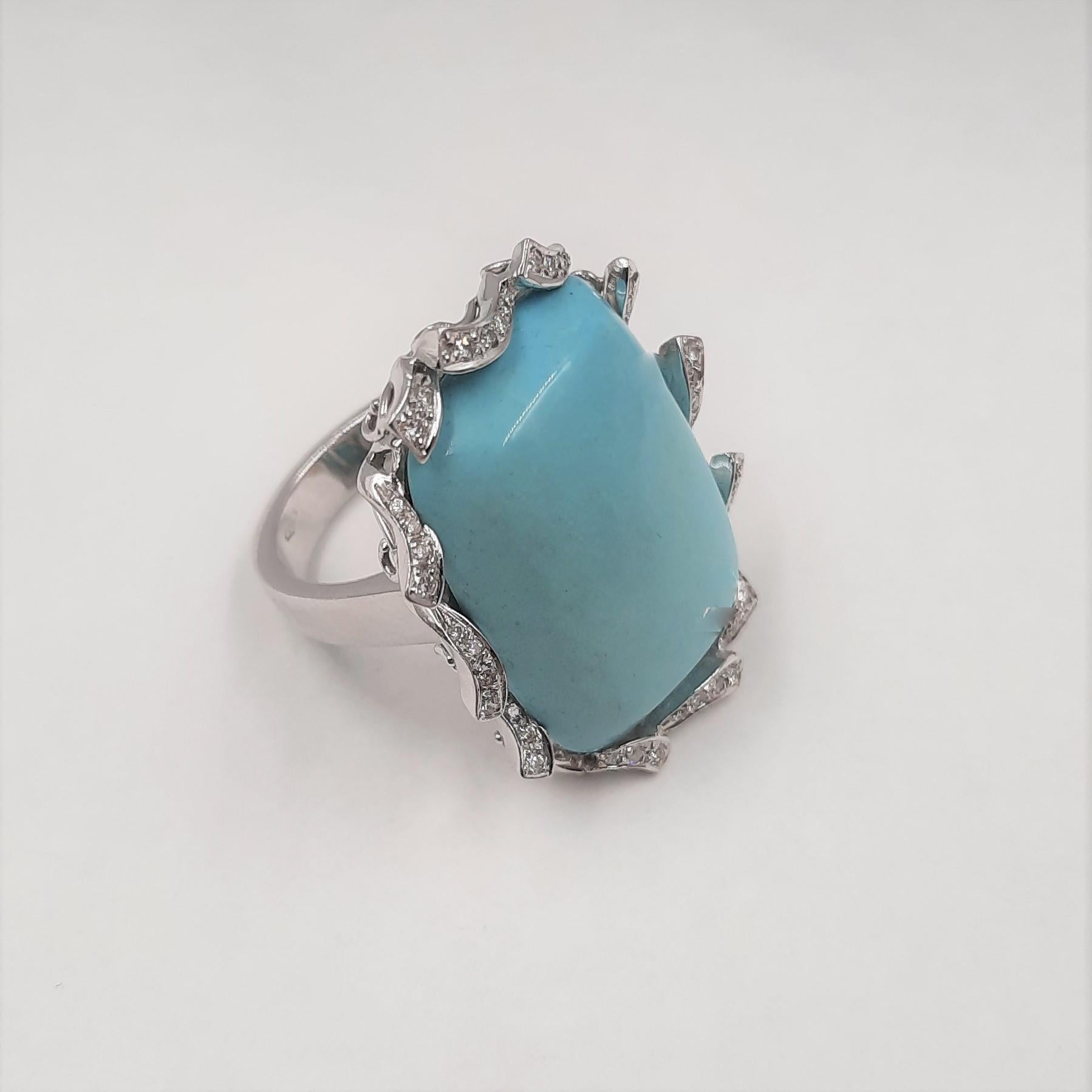 Contemporary Turquoise Brilliant Cut Diamond 18 Carats White Gold Ring For Sale