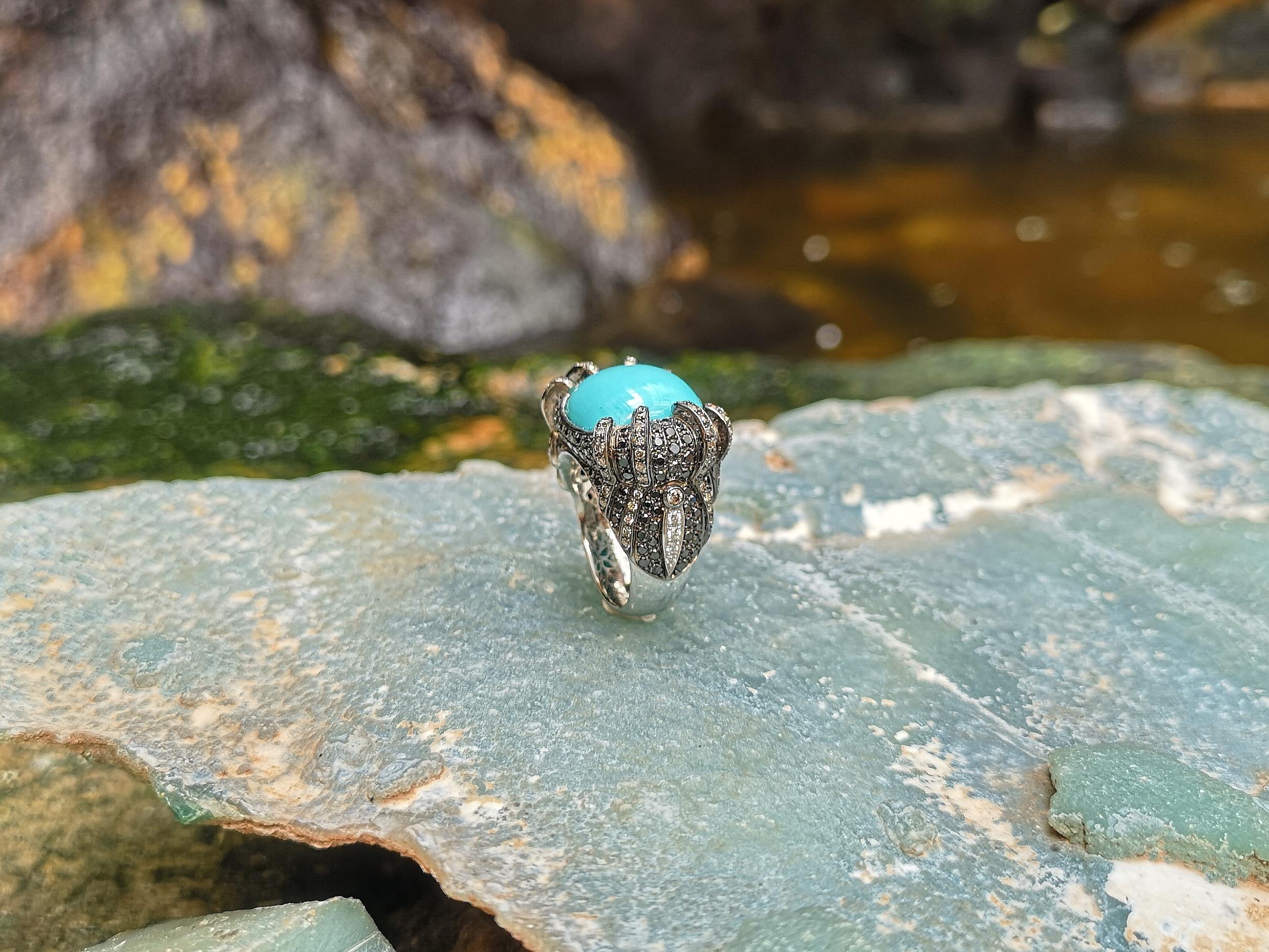 Turquoise, Brown Diamond, Black Diamond and Diamond Ring in 18 Karat White Gold For Sale 7