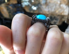 Turquoise, Brown Diamond, Black Diamond and Diamond Ring in 18 Karat White Gold