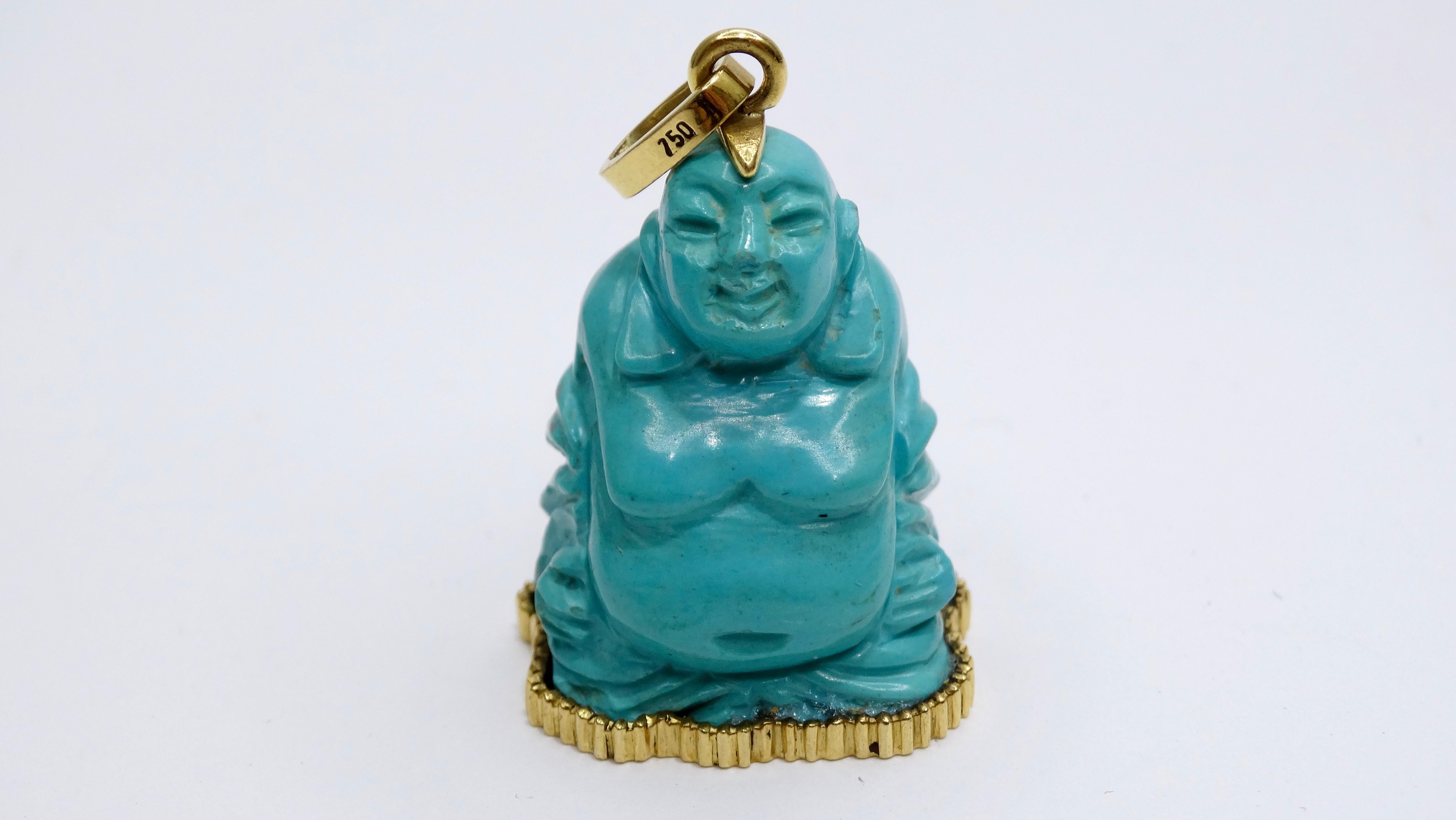 This large vintage sleeping beauty turquoise Budda pendant is beautiful and collectable. If bohemian and eclectic style is your vibe, add a beautifully crafted pendant to your favorite chain and elevate your outfit. Pair this with a vintage printed