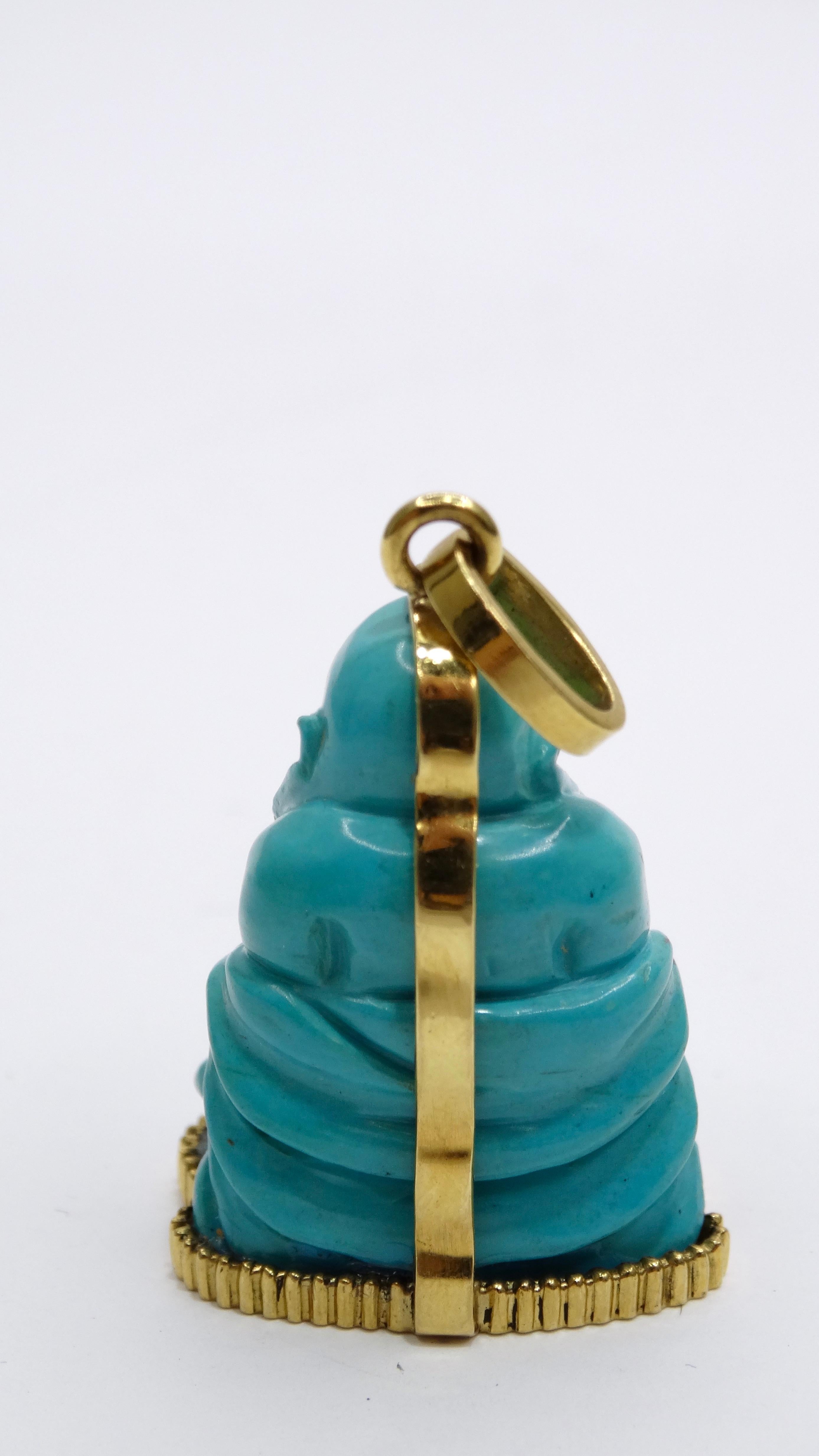 Sleeping Beauty Turquoise Budda Pendant in 18k Yellow Gold In Excellent Condition For Sale In Scottsdale, AZ