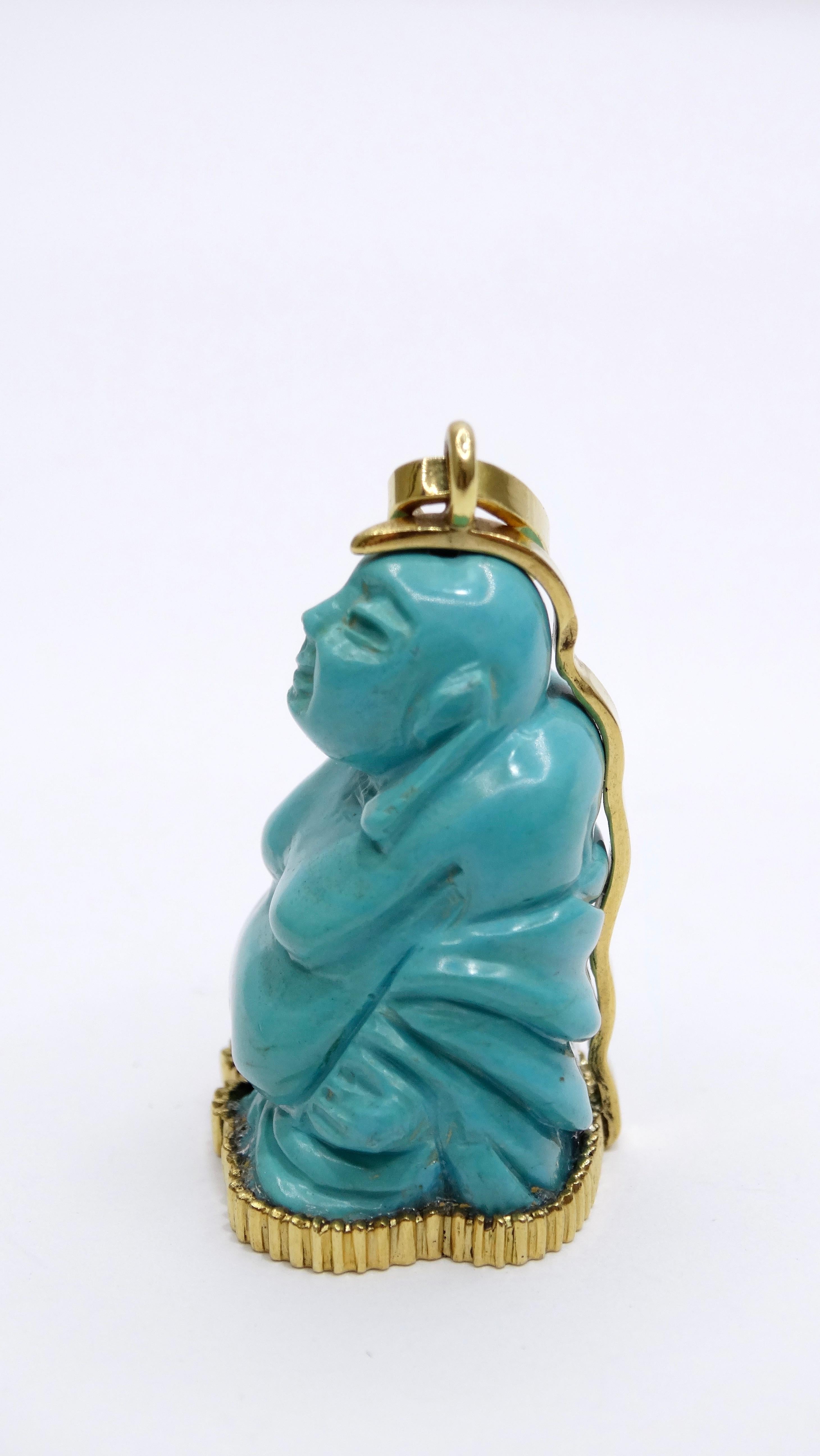 Women's or Men's Sleeping Beauty Turquoise Budda Pendant in 18k Yellow Gold For Sale
