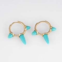 Turquoise Bullet Spike Earrings Diamond Small Hoops 14 Karat Yellow Gold