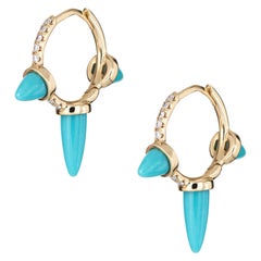 Turquoise Bullet Spike Earrings Diamond Small Hoops 14 Karat Yellow Gold