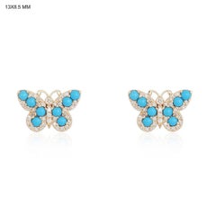 Turquoise Butterfly 14K (18k request) Yellow Gold Diamond Accents Stud Earrings