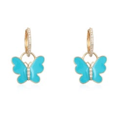 Turquoise Butterfly 14K (or 18k upon request) Yellow Gold Diamond Drop Earrings