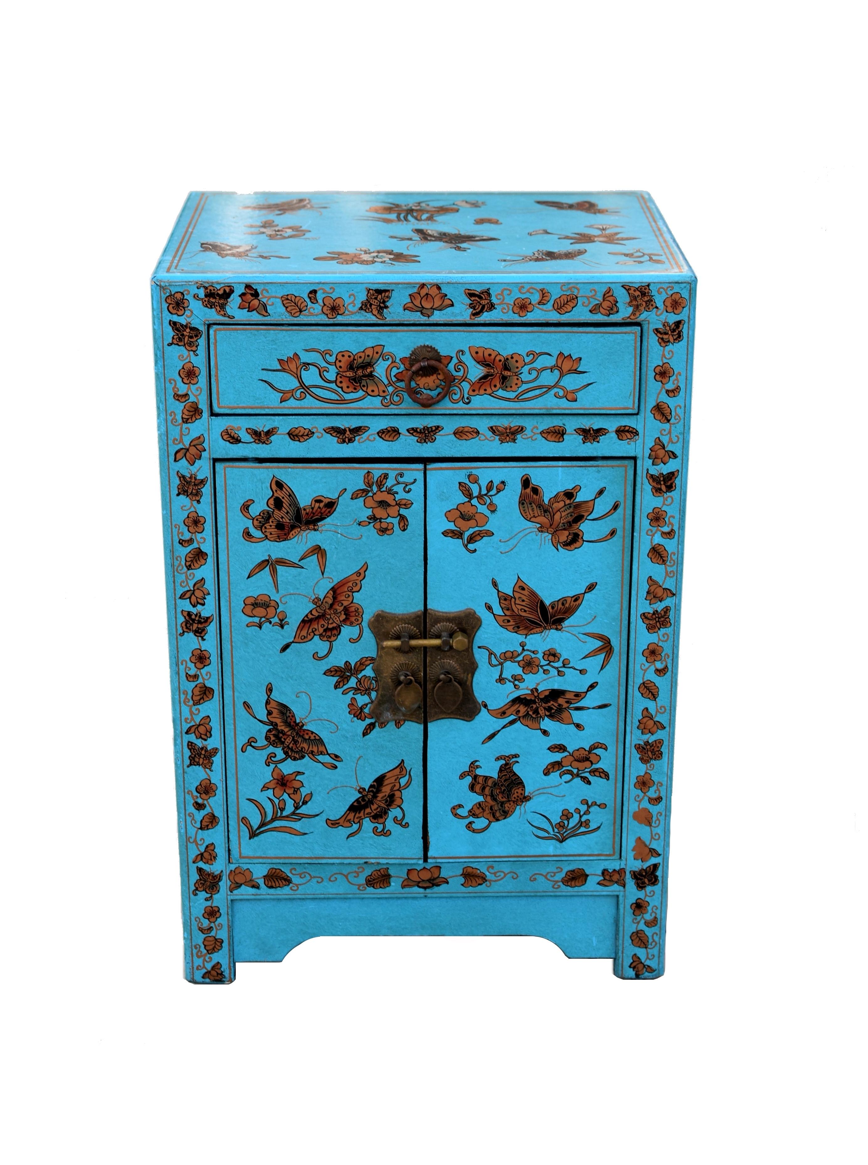 Turquoise Butterfly Asian Cabinet Night Stand 3