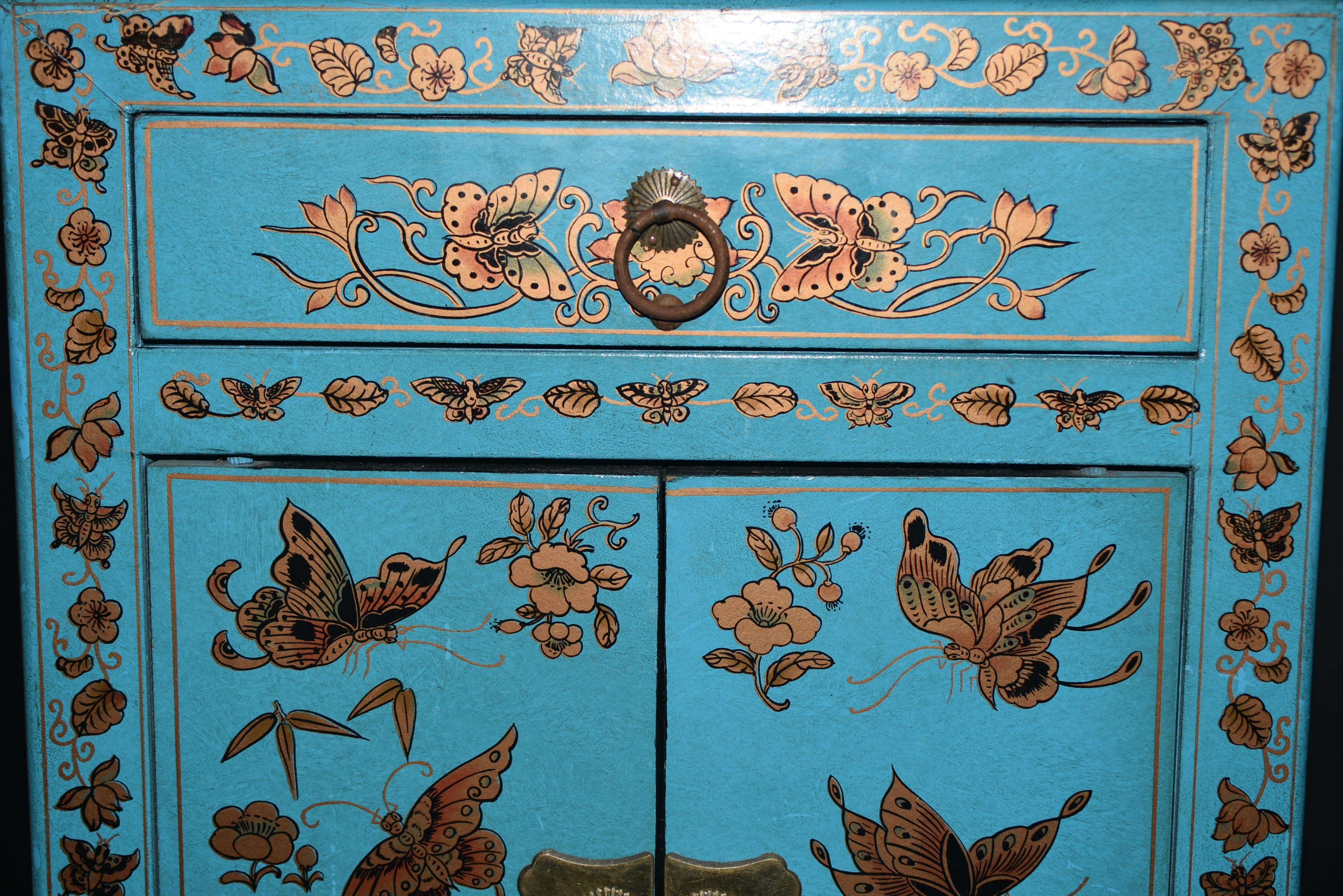 Turquoise Butterfly Asian Cabinet Night Stand 9
