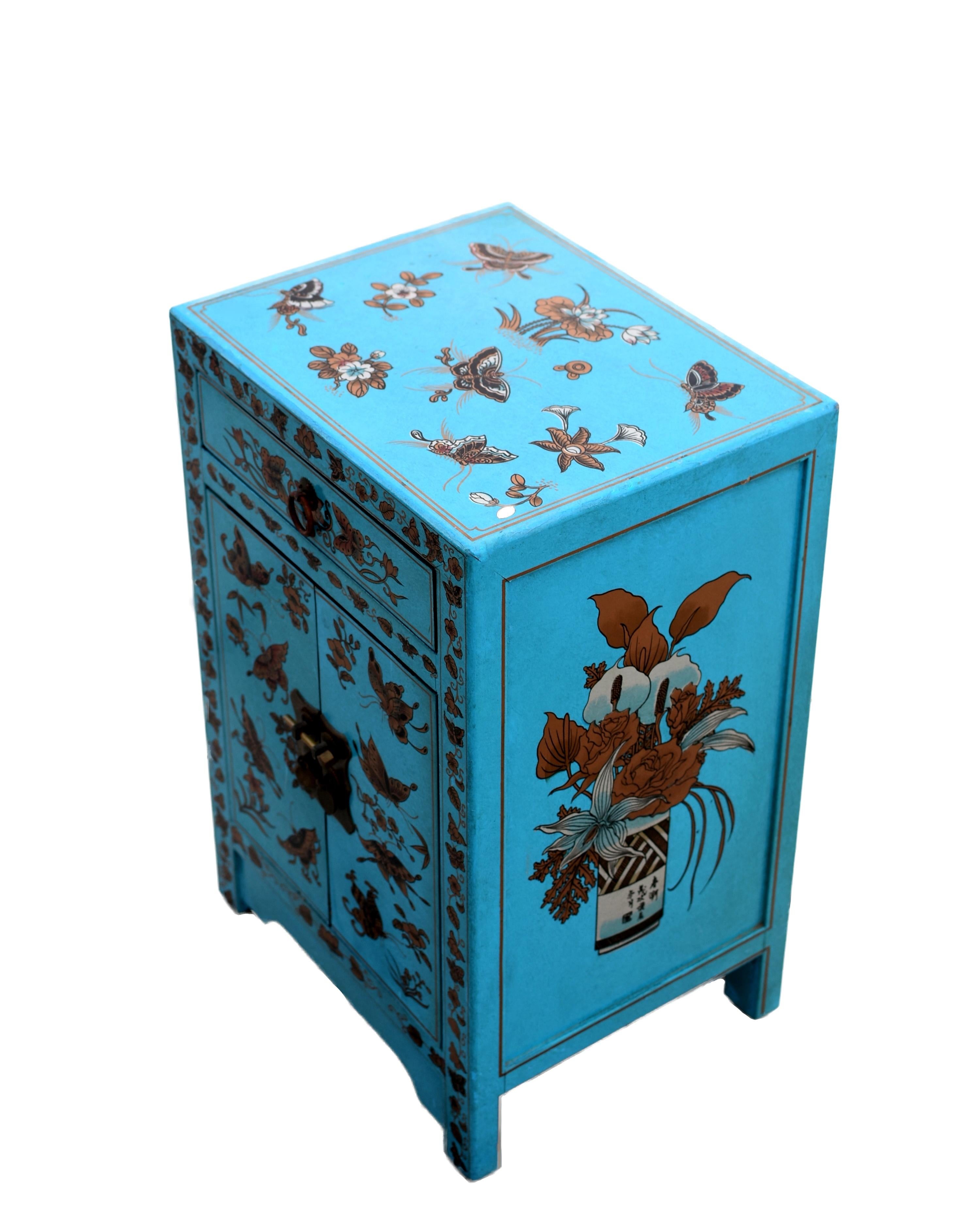 Turquoise Butterfly Asian Cabinet Night Stand 13