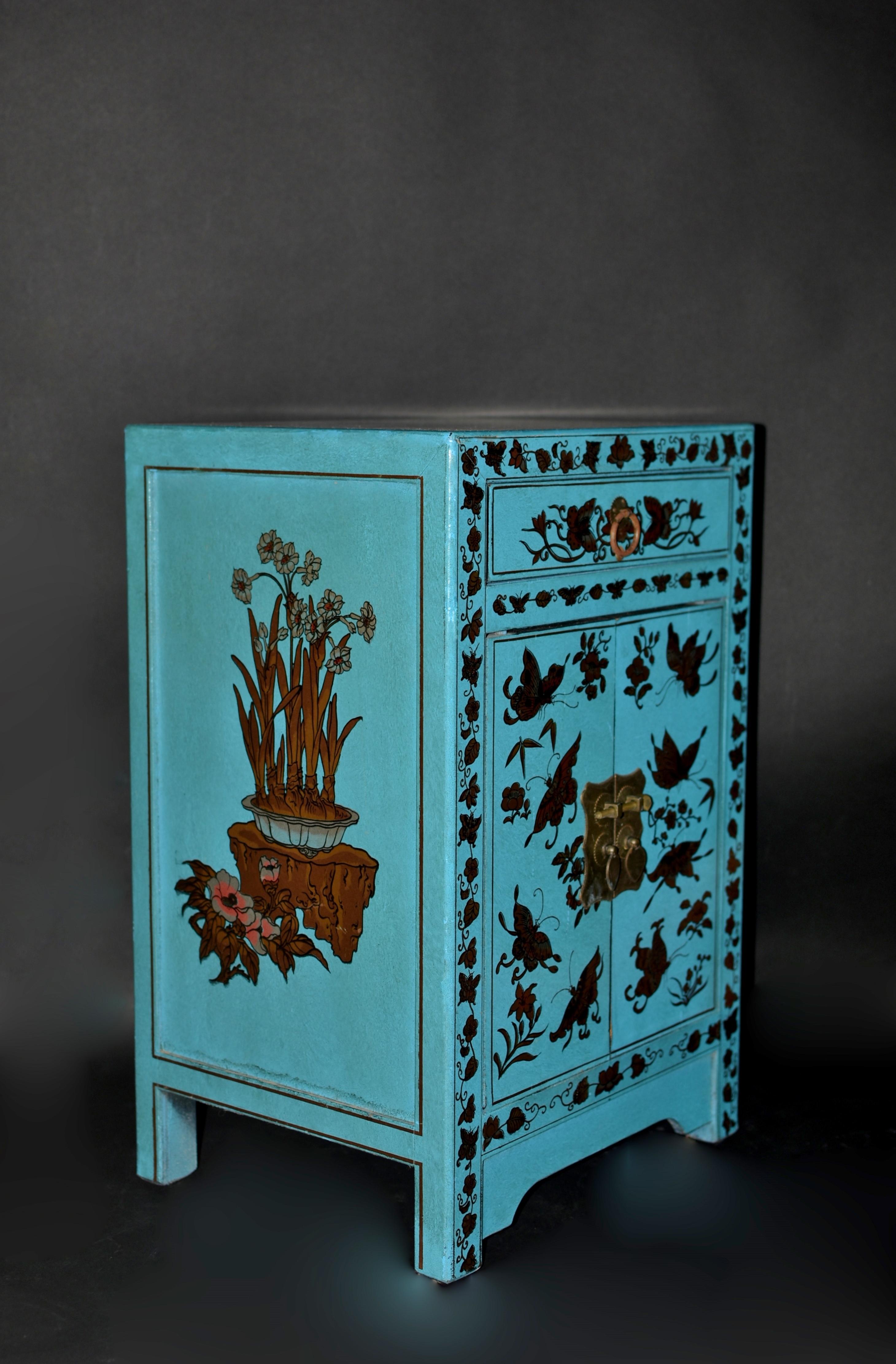 Chinese Turquoise Butterfly Asian Cabinet Night Stand