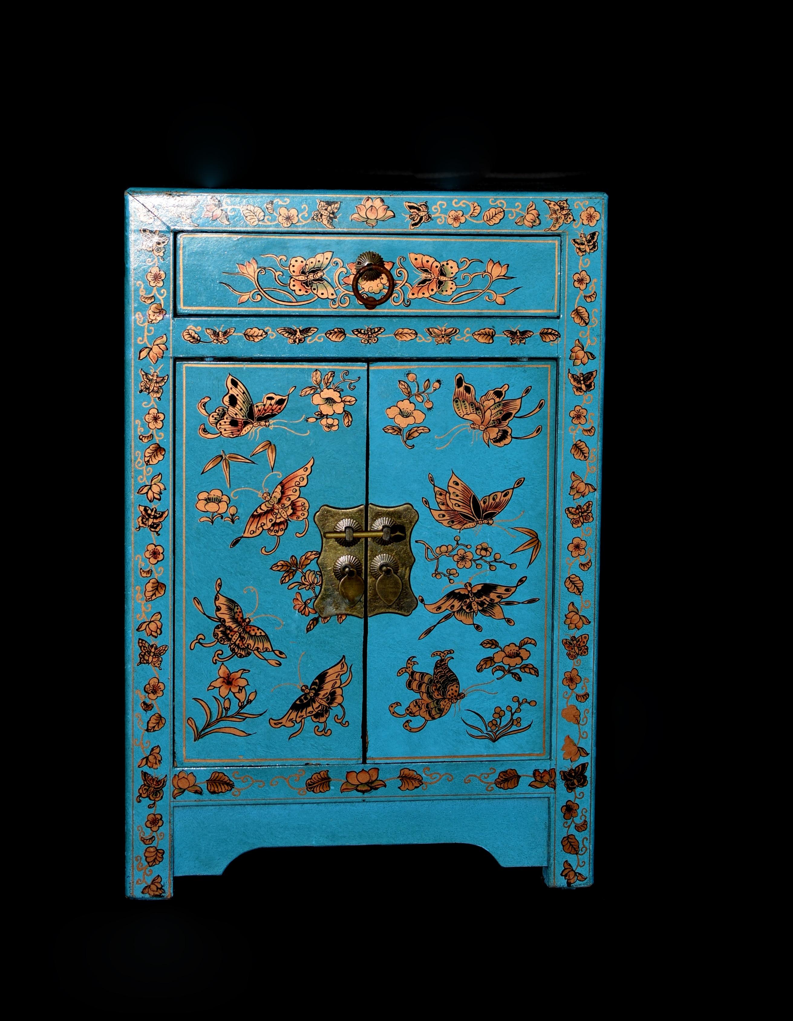 Hand-Painted Turquoise Butterfly Asian Cabinet Night Stand