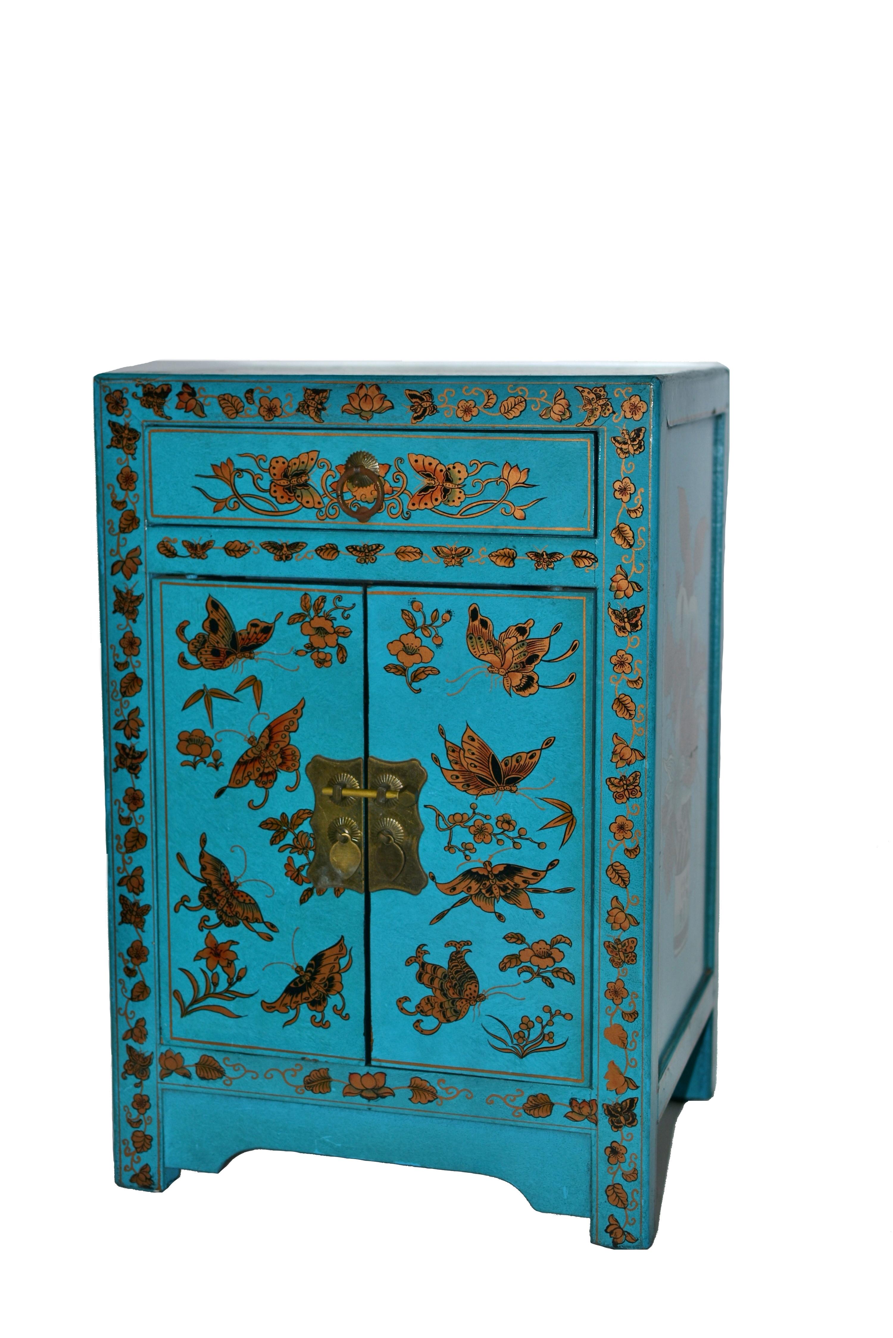 Turquoise Butterfly Asian Cabinet Night Stand In Good Condition In Somis, CA