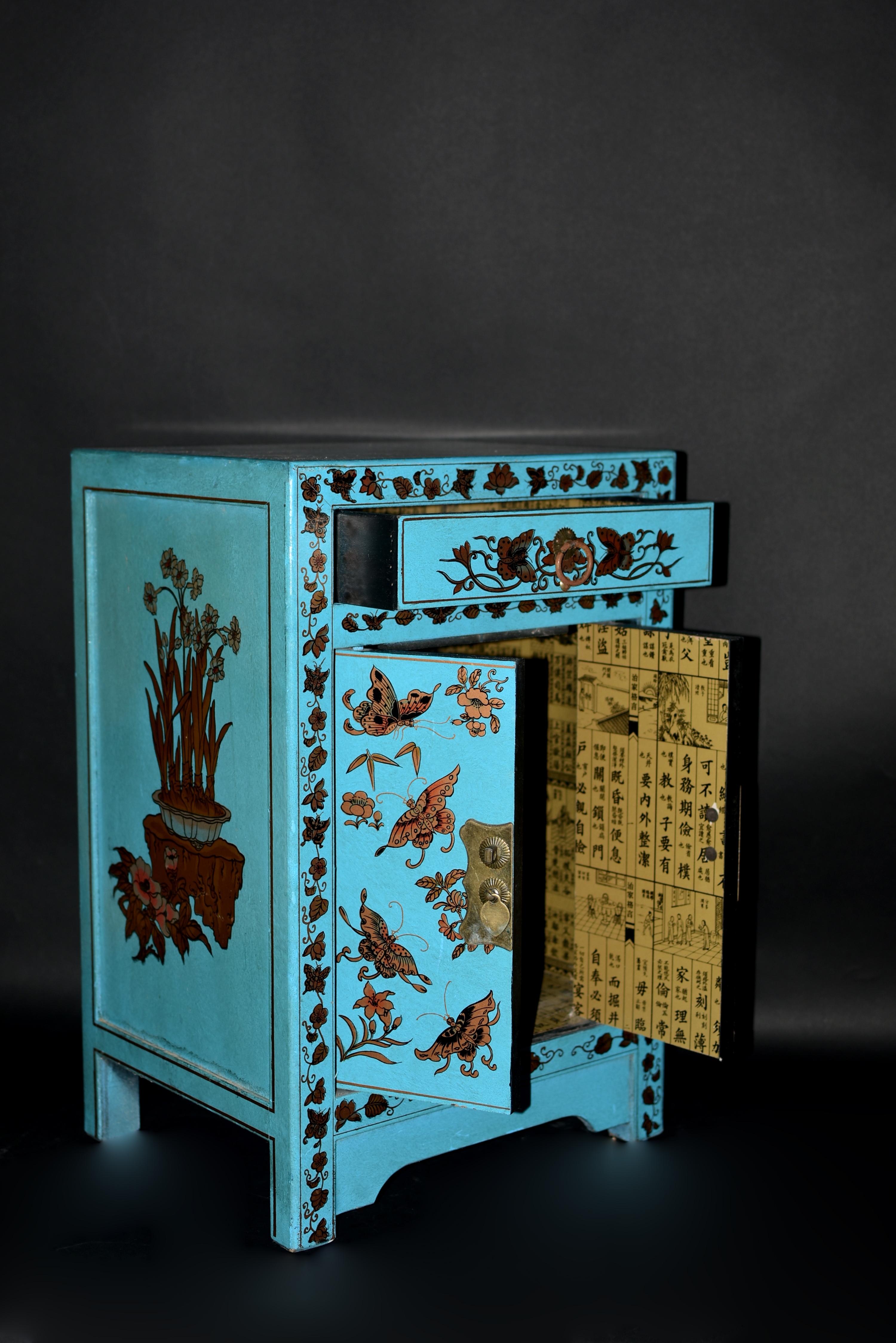 20th Century Turquoise Butterfly Asian Cabinet Night Stand