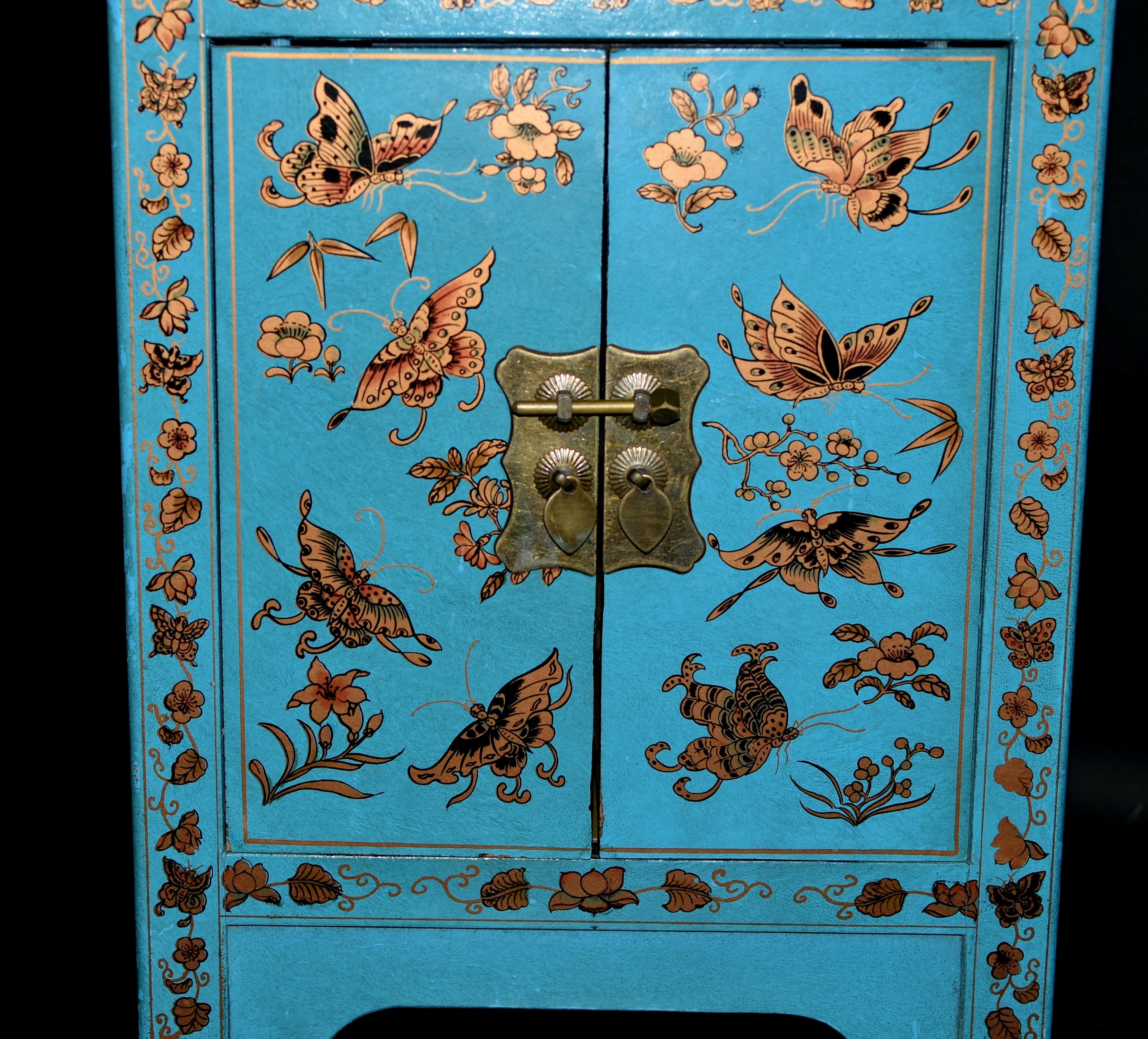 Wood Turquoise Butterfly Asian Cabinet Night Stand