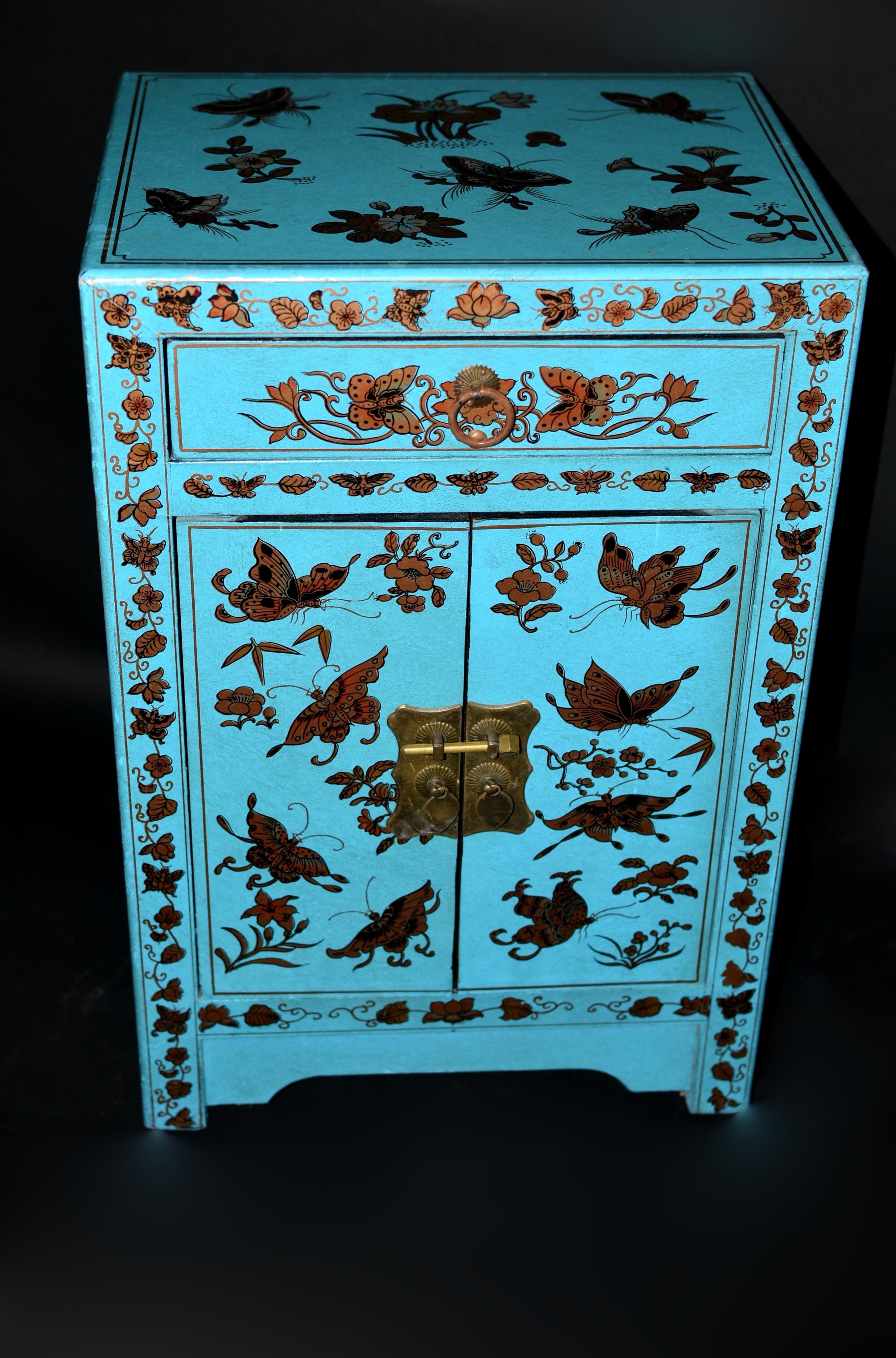 Turquoise Butterfly Asian Cabinet Night Stand 1