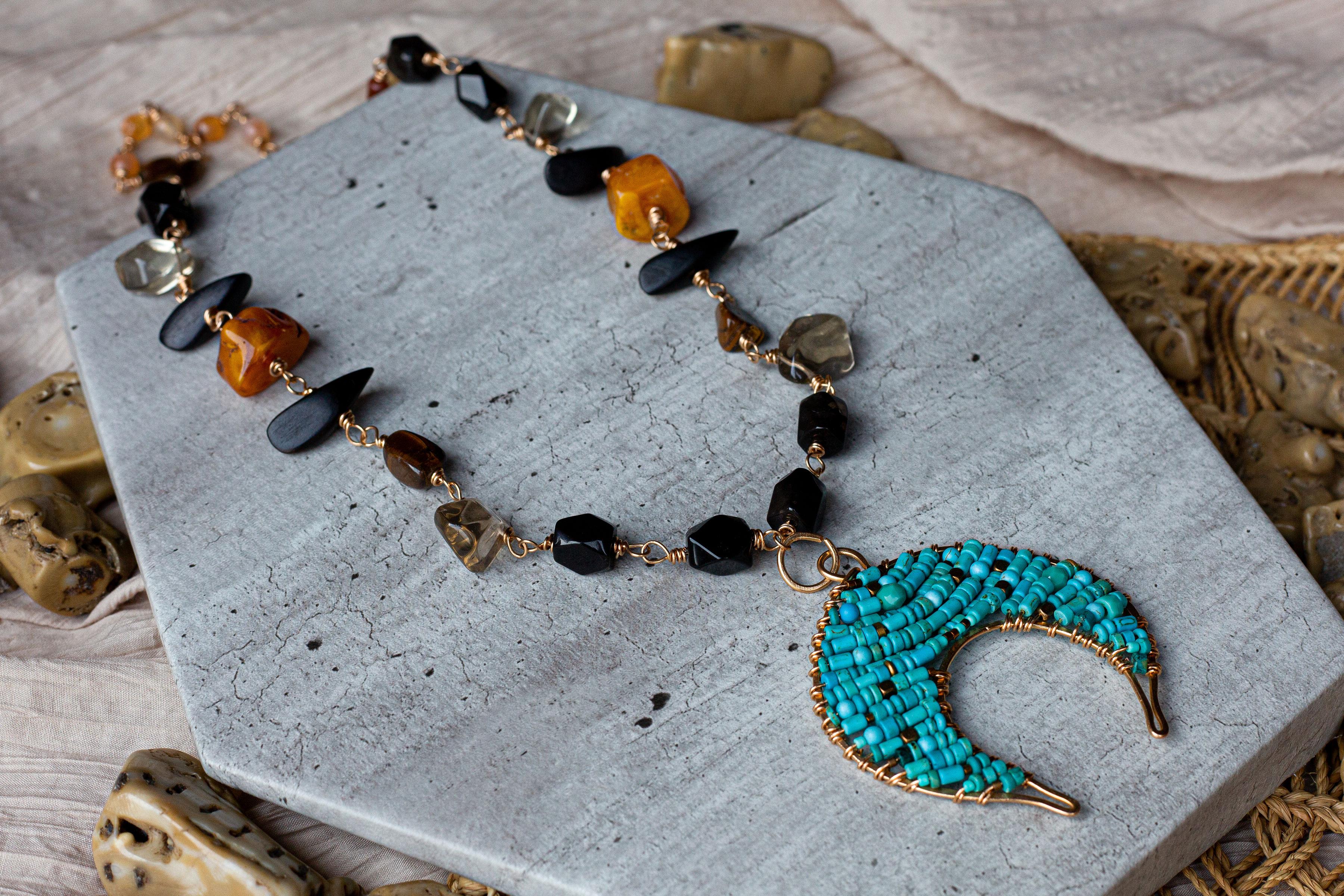 Artisan Turquoise, Butterscotch Amber, Carnelian Long Beaded  Crescent Moon Necklace  For Sale