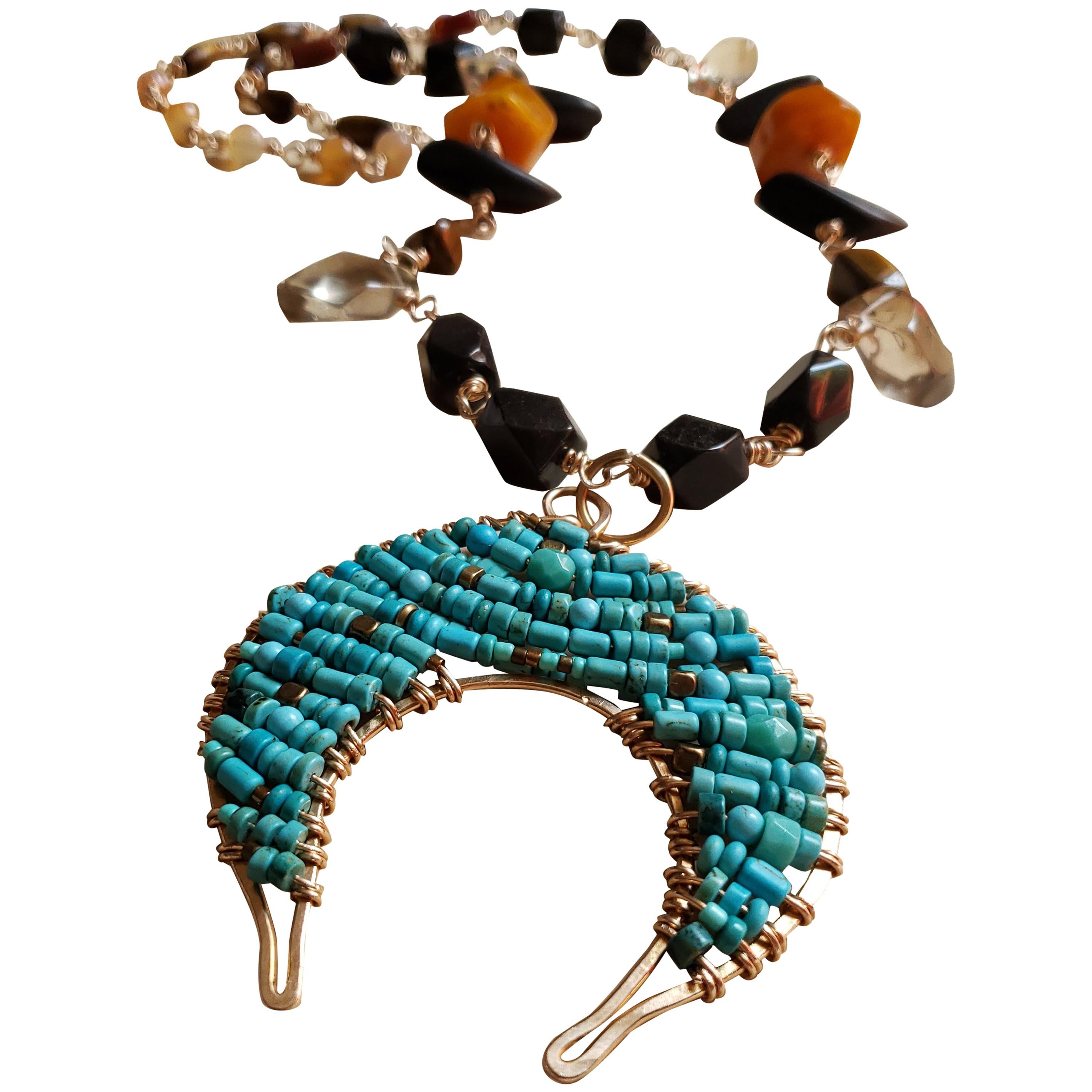 Turquoise, Butterscotch Amber, Carnelian Long Beaded  Crescent Moon Necklace  For Sale