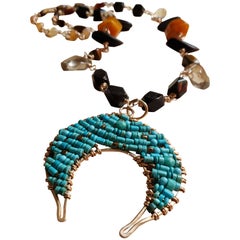 Turquoise, Butterscotch Amber, Carnelian Long Beaded  Crescent Moon Necklace 