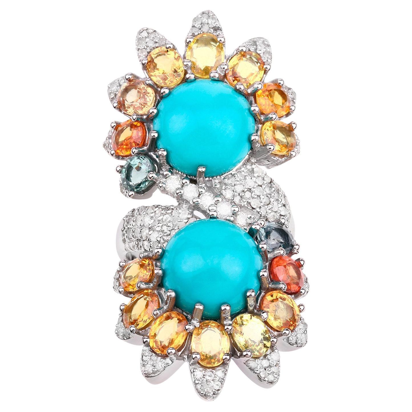 Turquoise Bypass Cocktail Ring Diamonds Multicolor Sapphires 16.65 Carats For Sale