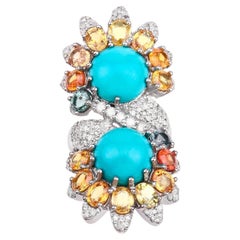 Turquoise Bypass Cocktail Ring Diamonds Multicolor Sapphires 16.65 Carats