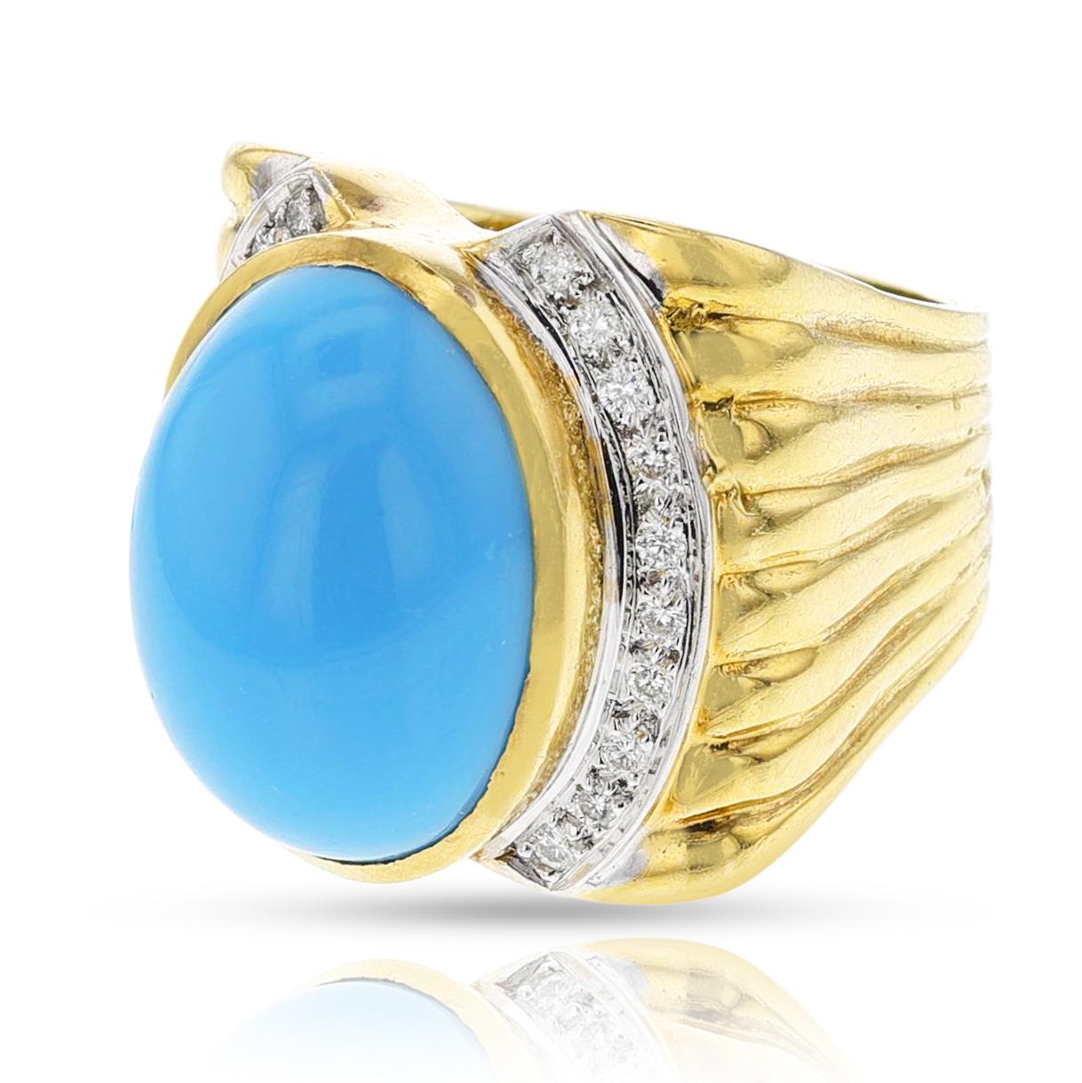 Turquoise Cabochon and Diamond Cocktail Ring, 18k In Excellent Condition In New York, NY