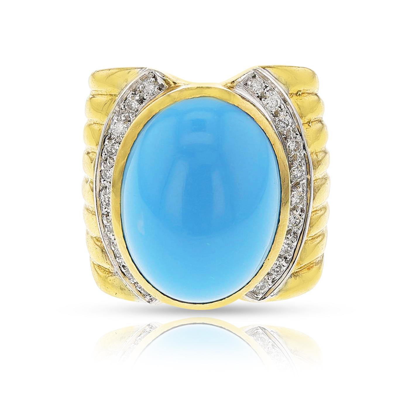 Women's or Men's Turquoise Cabochon and Diamond Cocktail Ring, 18k
