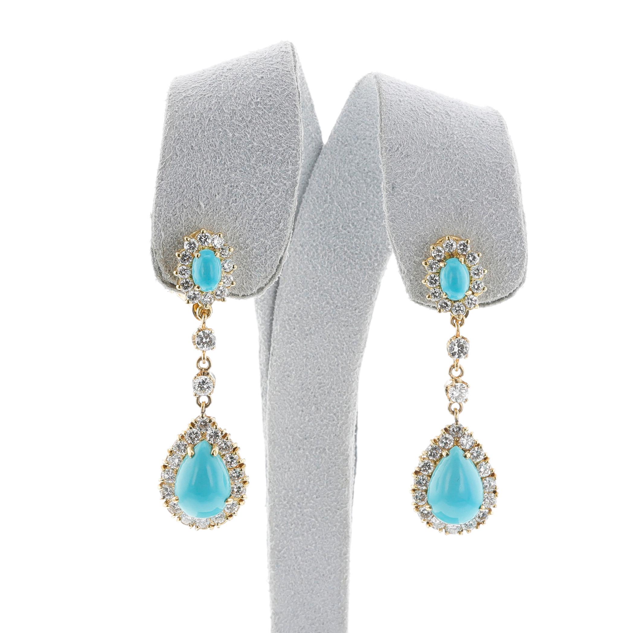 Turquoise Cabochon and Diamond Dangling Earrings made in 18k Yellow Gold. The diamonds estimated weight 2.25 carats, H-I color, VS-SI clarity. The length is 1 3/4 inches.

SKU: 1492-BTYJEJRT