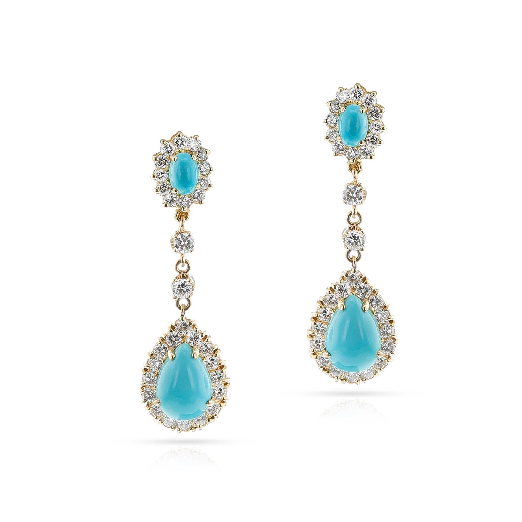 Turquoise Cabochon and Diamond Dangling Earrings, 18k In Excellent Condition For Sale In New York, NY
