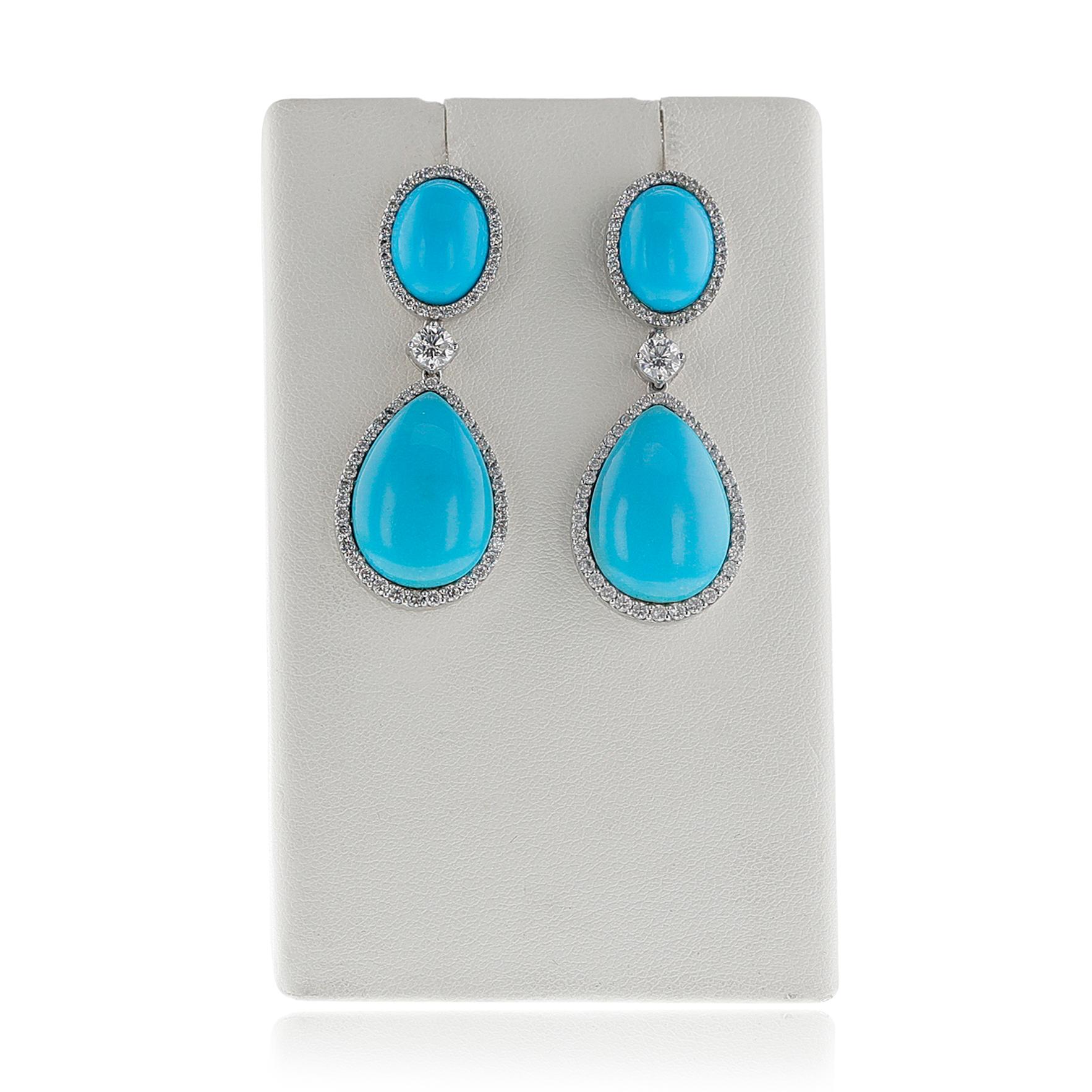 Turquoise Cabochon and Diamond Dangling Earrings, 18k In Excellent Condition For Sale In New York, NY