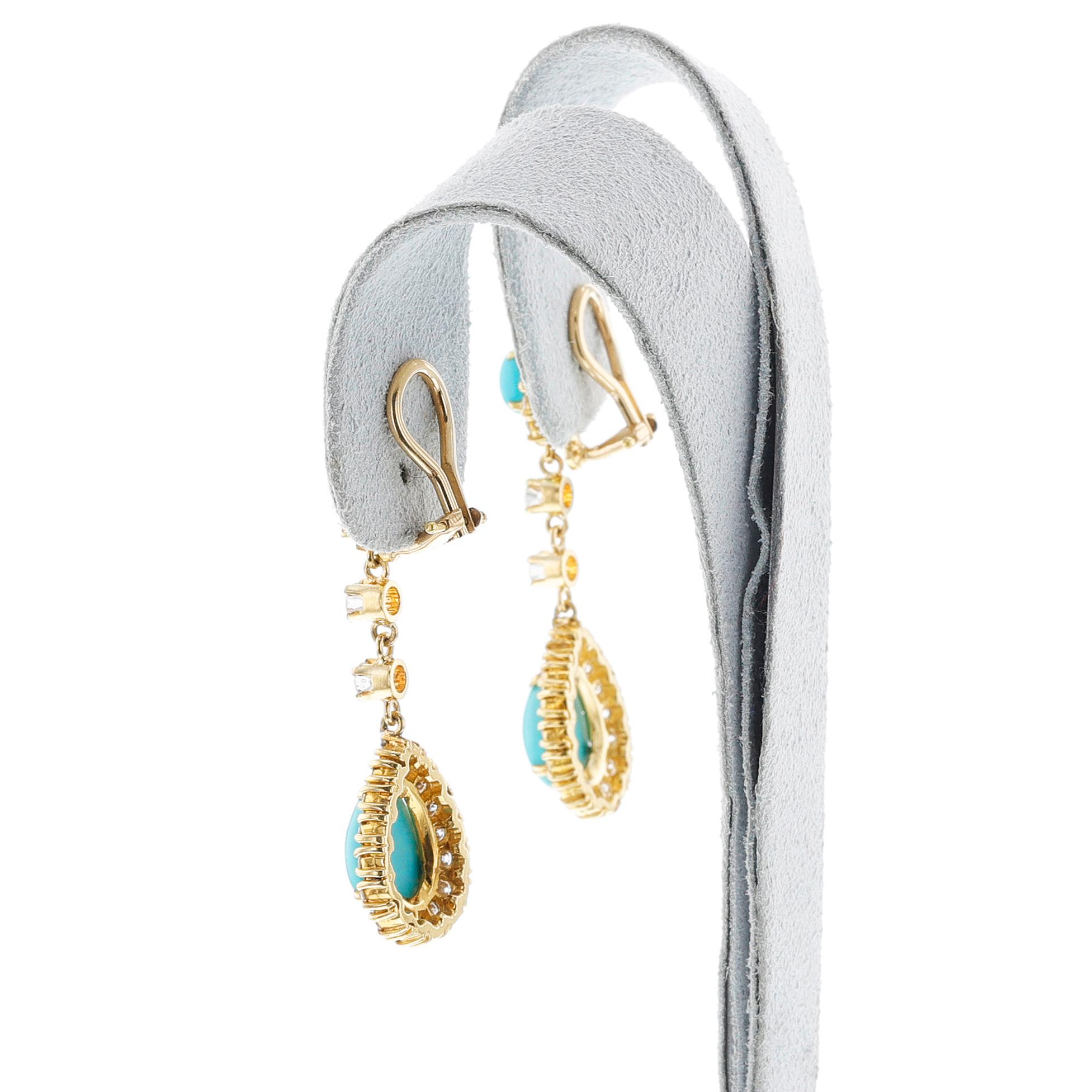 Women's or Men's Turquoise Cabochon and Diamond Dangling Earrings, 18k For Sale