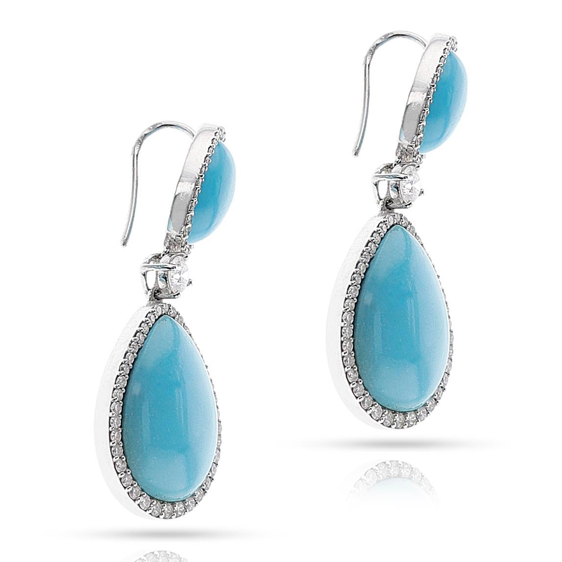Women's or Men's Turquoise Cabochon and Diamond Dangling Earrings, 18k For Sale